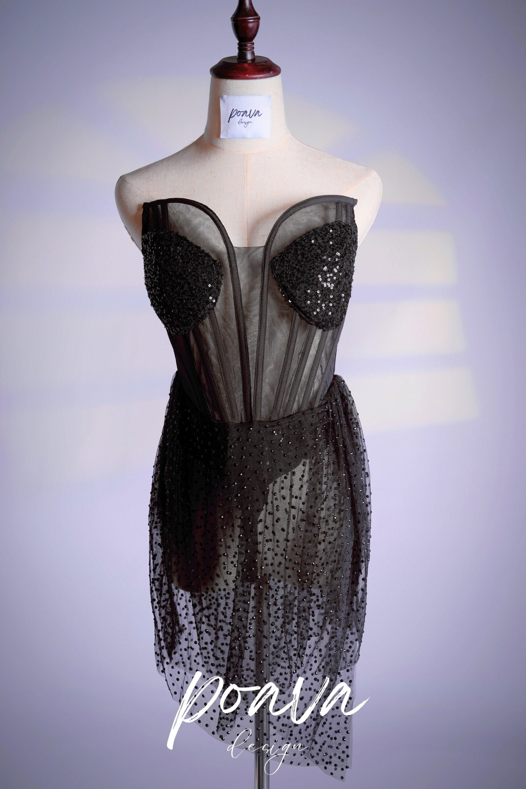 STRAPLESS BLACK EMBELLISHED COCKTAIL DRESS