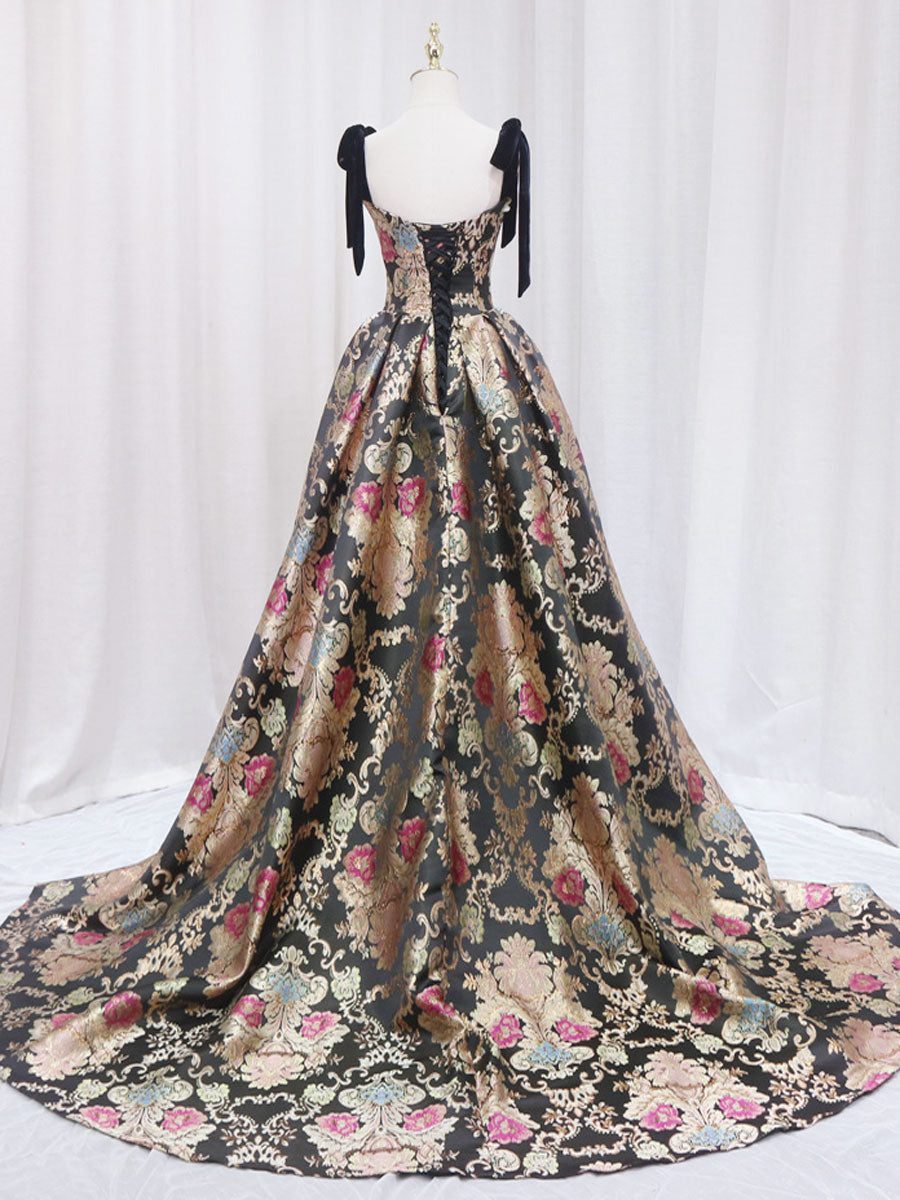 BLACK GOLD SATIN A-LINE PROM GOWN