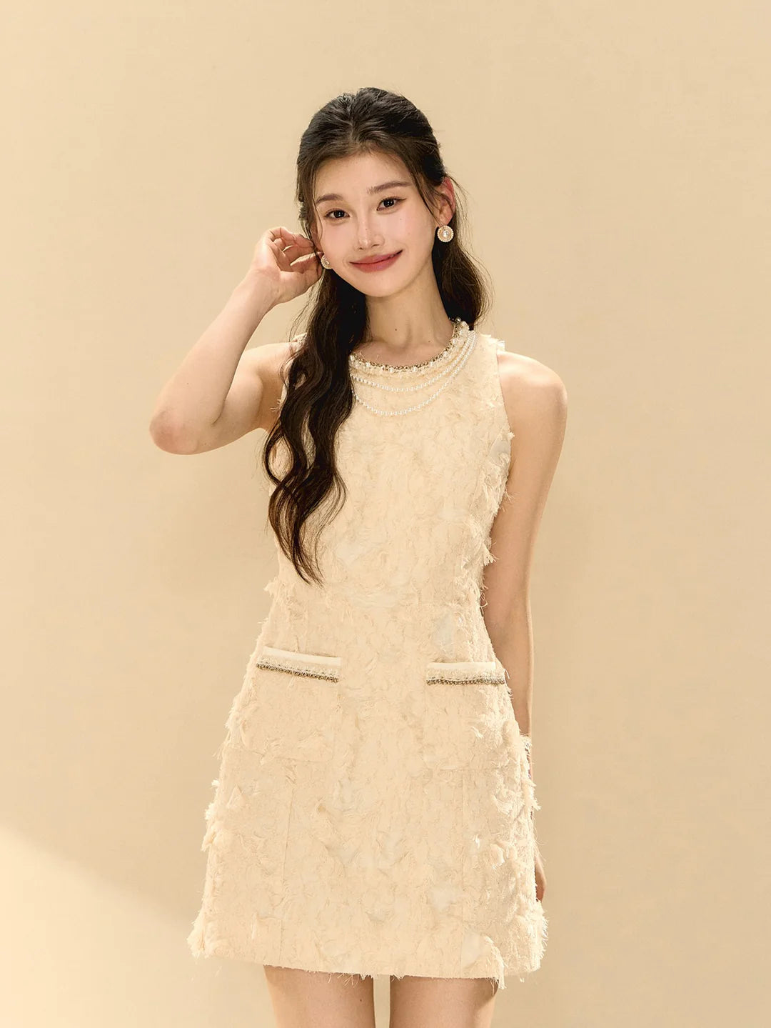 PANDORA FEATHER SLEEVELESS A-LINE MINI DRESS BEIGE