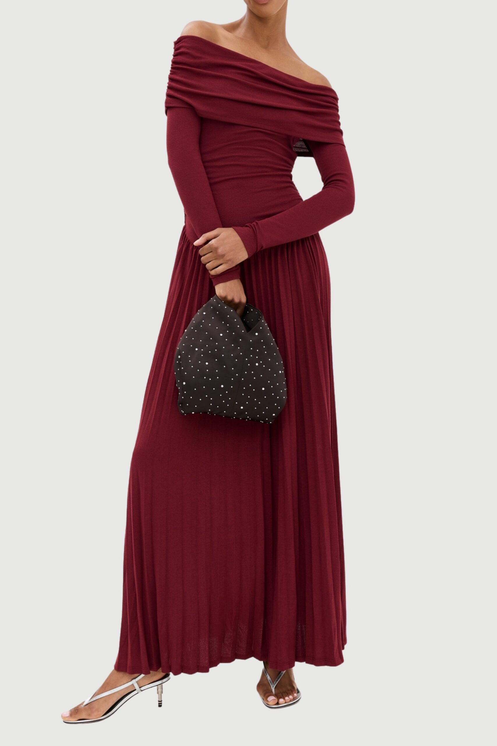 BURGUNDY STRAPLESS BODYCON LONG SLEEVE MAXI DRESS