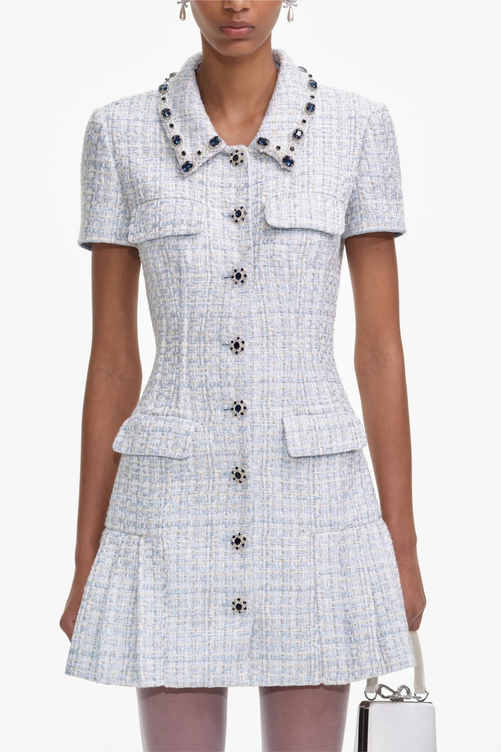 BLUE BOUCLE MINI DRESS FOR COCKTAIL PARTY
