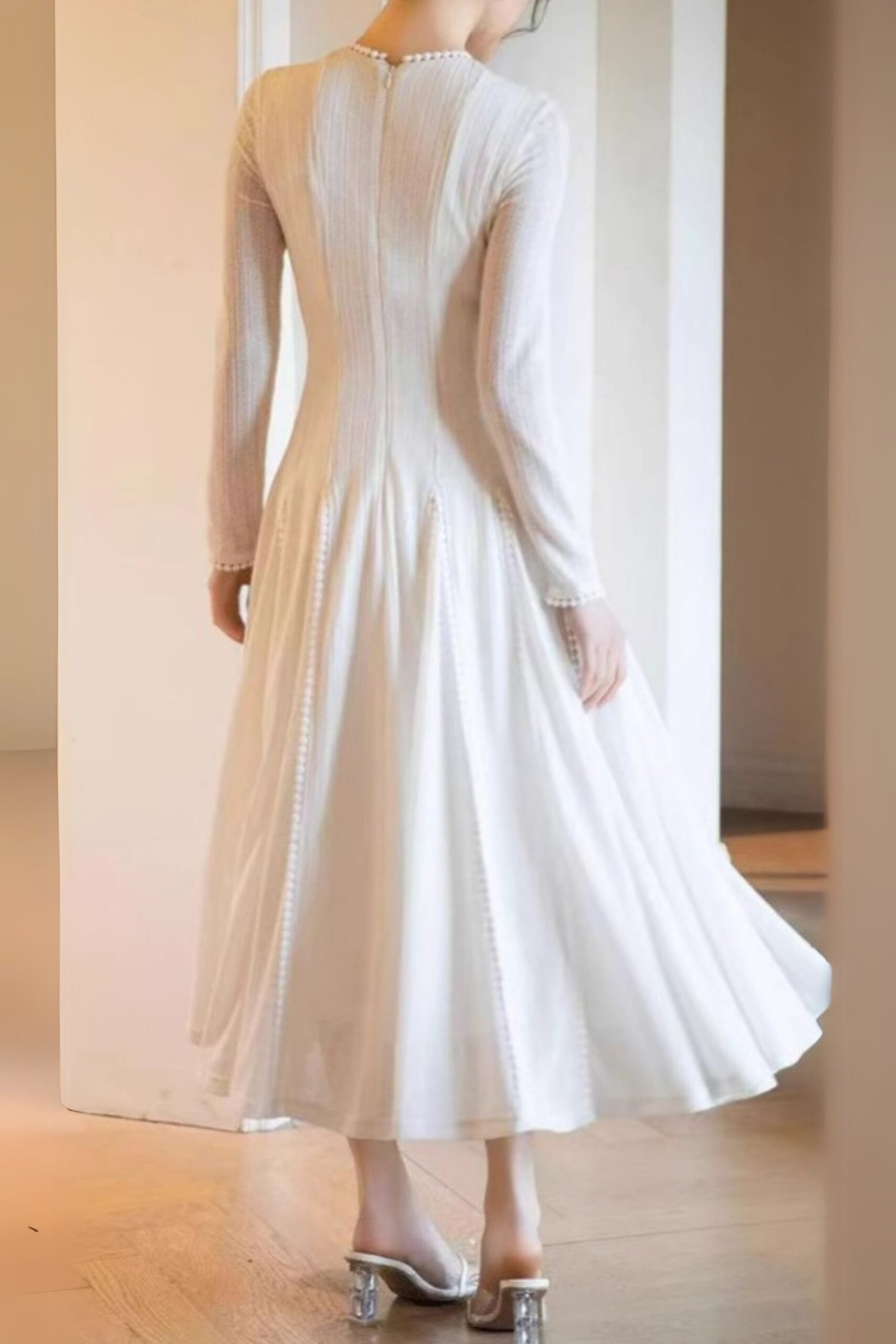 WHITE CROCHET LACE MAXI DRESS WITH SLEEVES