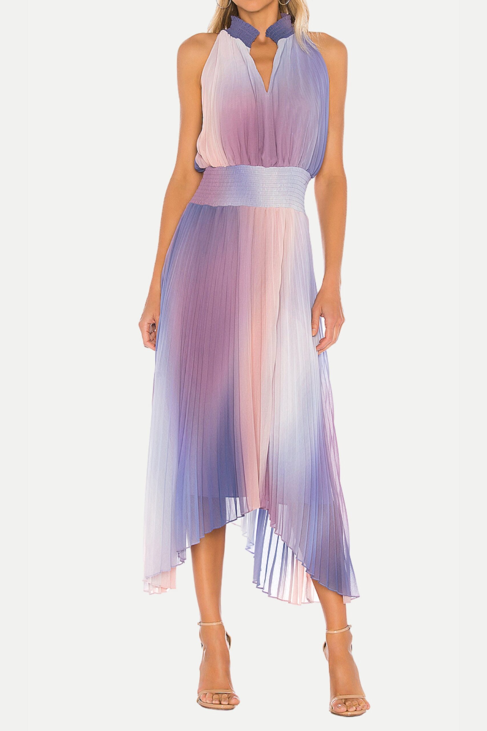 HALTER PLEATED MIDI DRESS IN LAVENDER TIE DYE