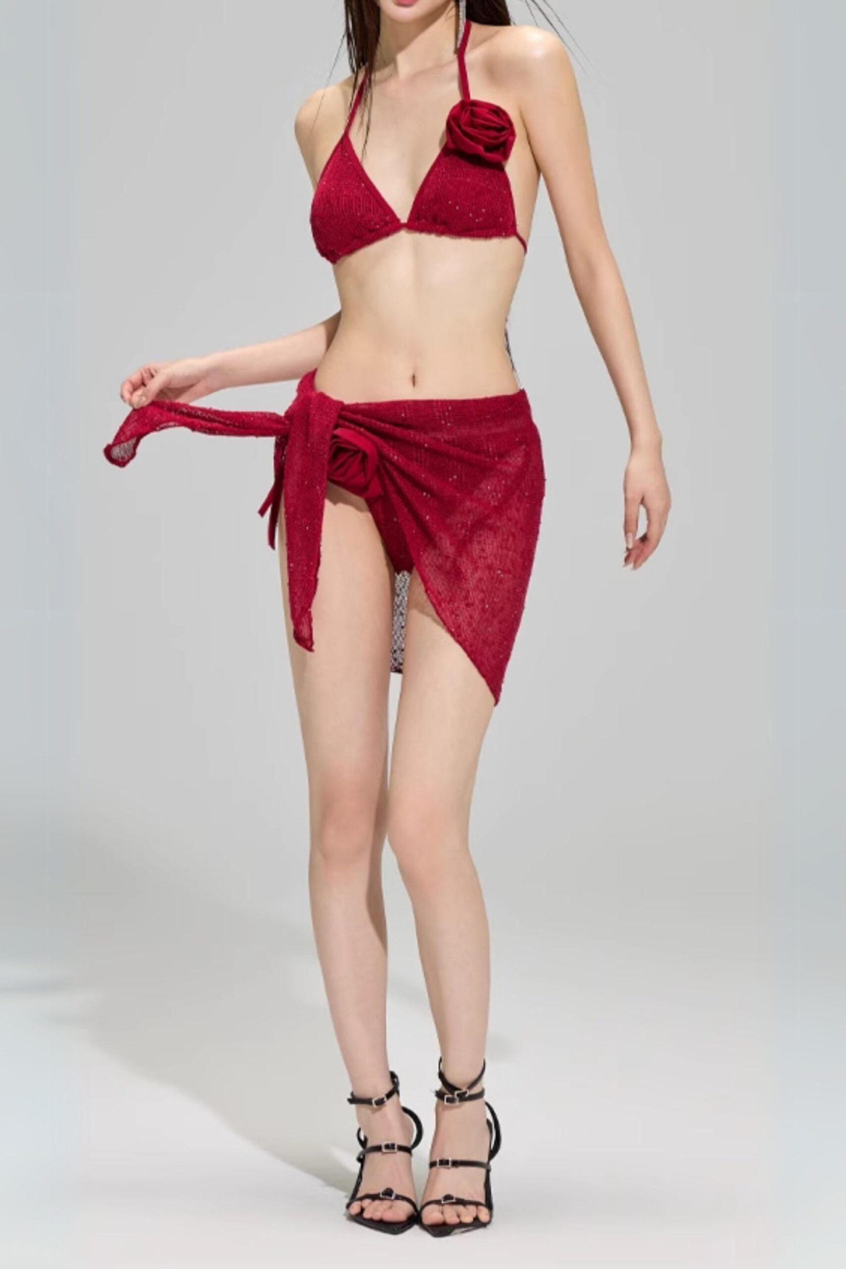 DARINA RED SEQUIN THREE-PIECE SWIMSUIT SET