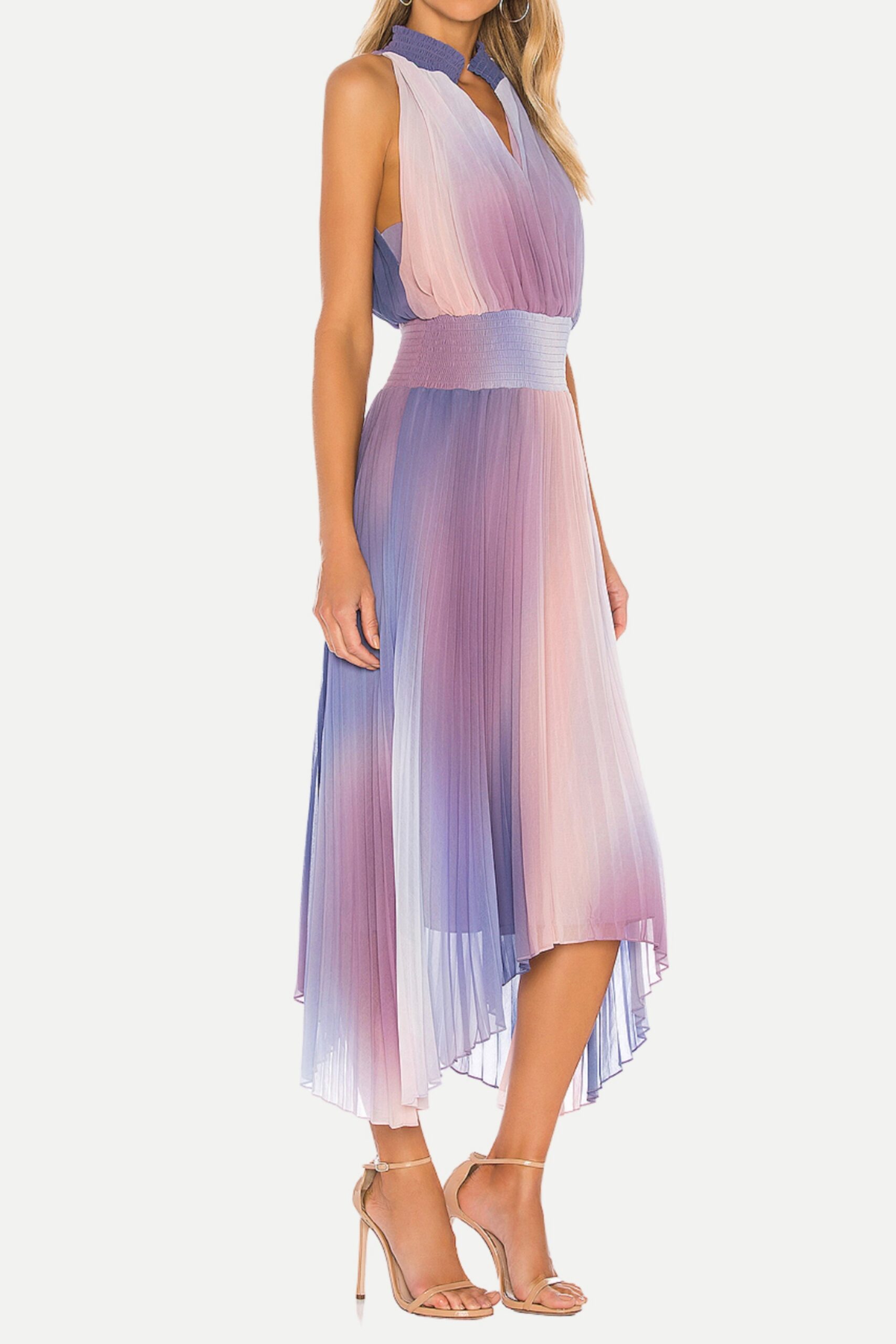 HALTER PLEATED MIDI DRESS IN LAVENDER TIE DYE
