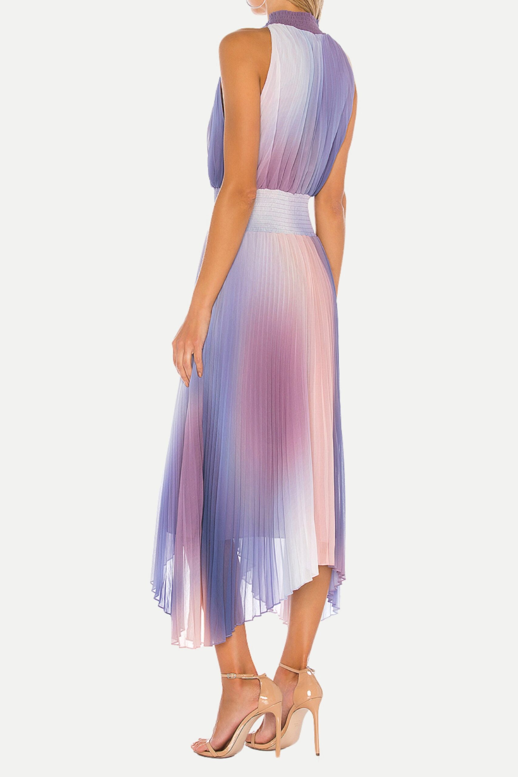 HALTER PLEATED MIDI DRESS IN LAVENDER TIE DYE