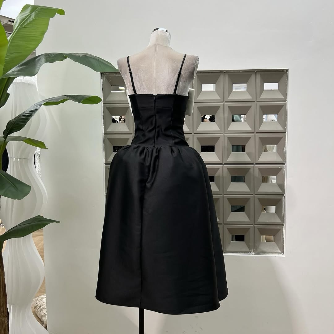 BOW DETAIL TAFFETA MIDI DRESS - BLACK WEDDING GUEST