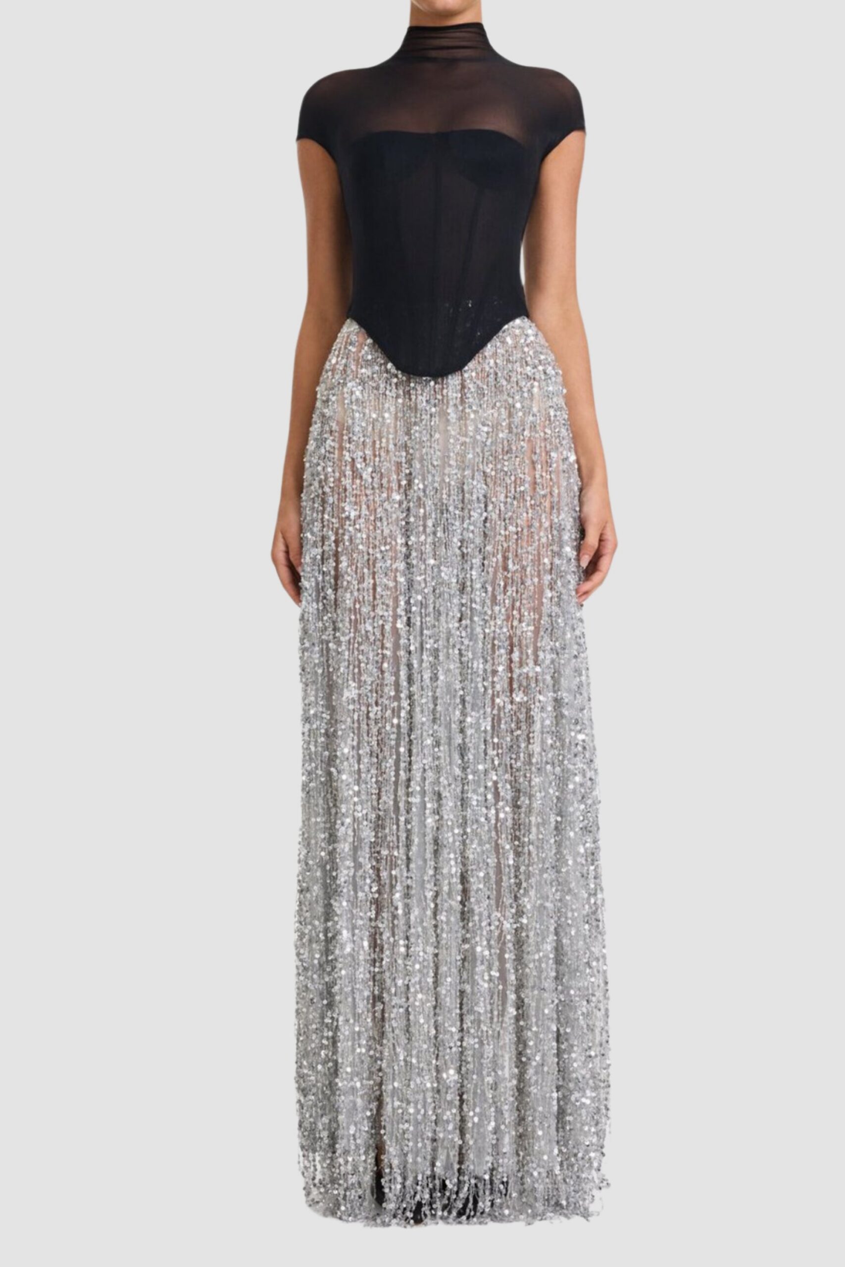 478 TASSEL SEQUIN BLACK CORSET MAXI DRESS