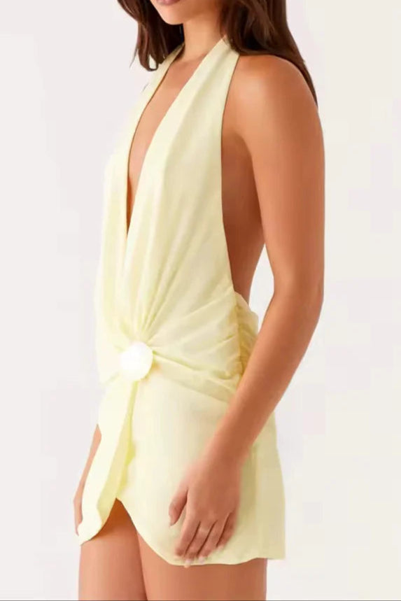 PALE YELLOW HALTER NECK MINI BEACH DRESS