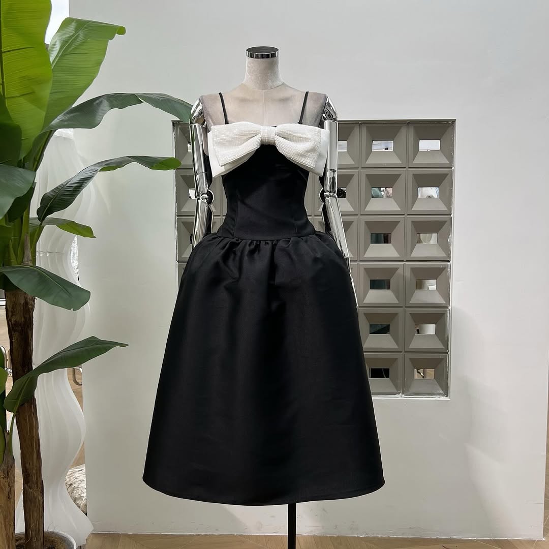 BOW DETAIL TAFFETA MIDI DRESS - BLACK WEDDING GUEST