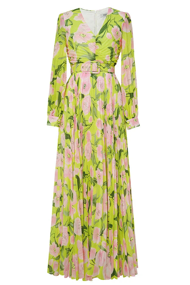 V-NECK SILK PRINTED PLEATED MAXI YELLOW DRESS