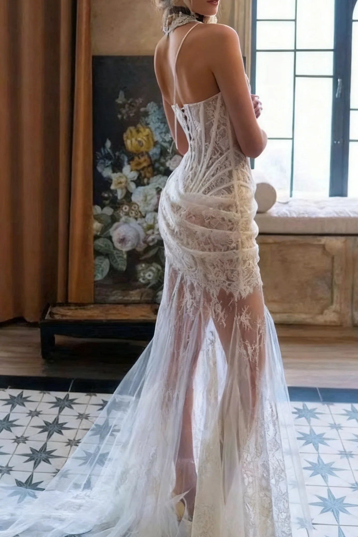 IVORY SHEER LACE CORSET MAXI DRESS FOR WEDDING