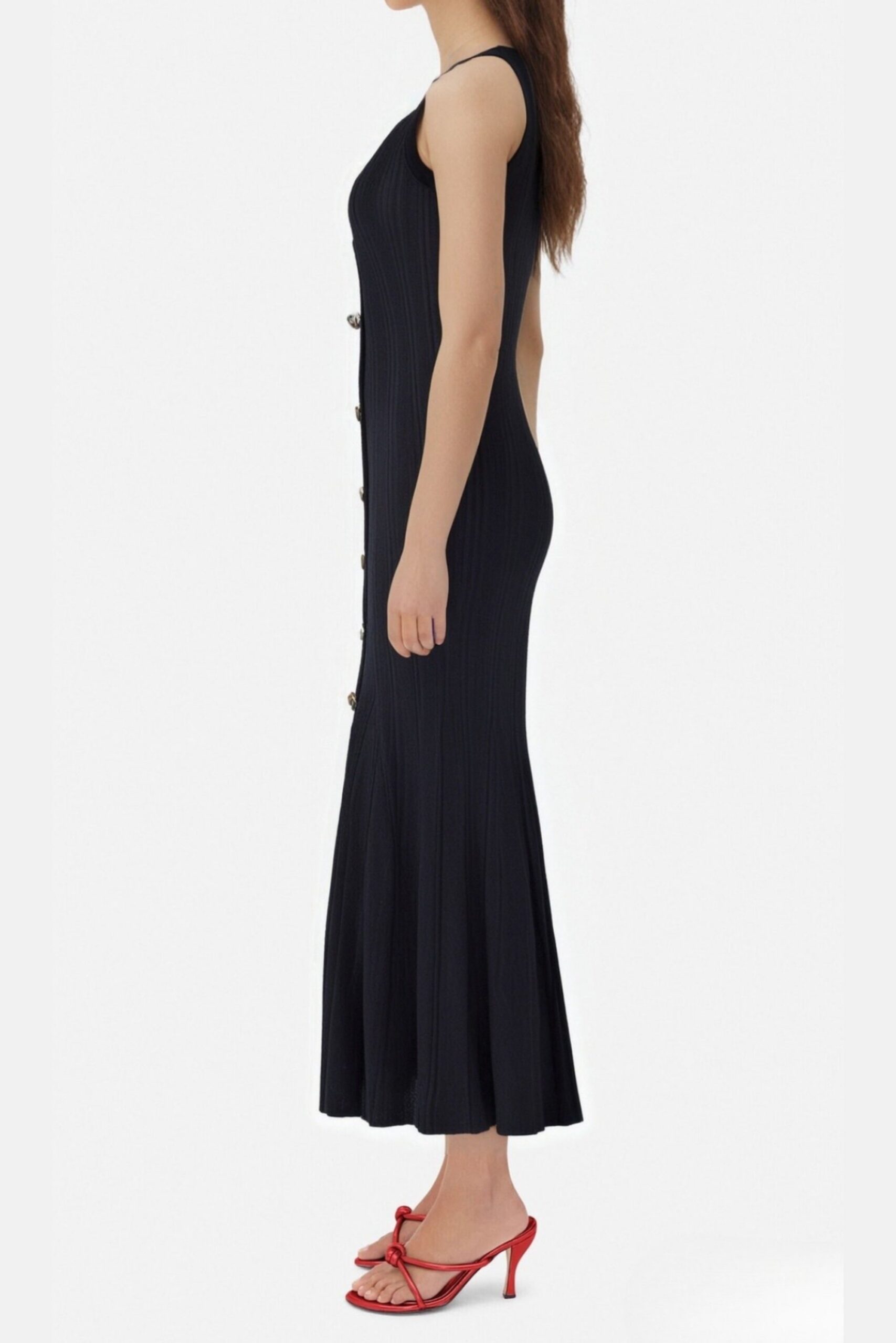 BUTTON RIBBED KNIT MIDI DRESS BLACK