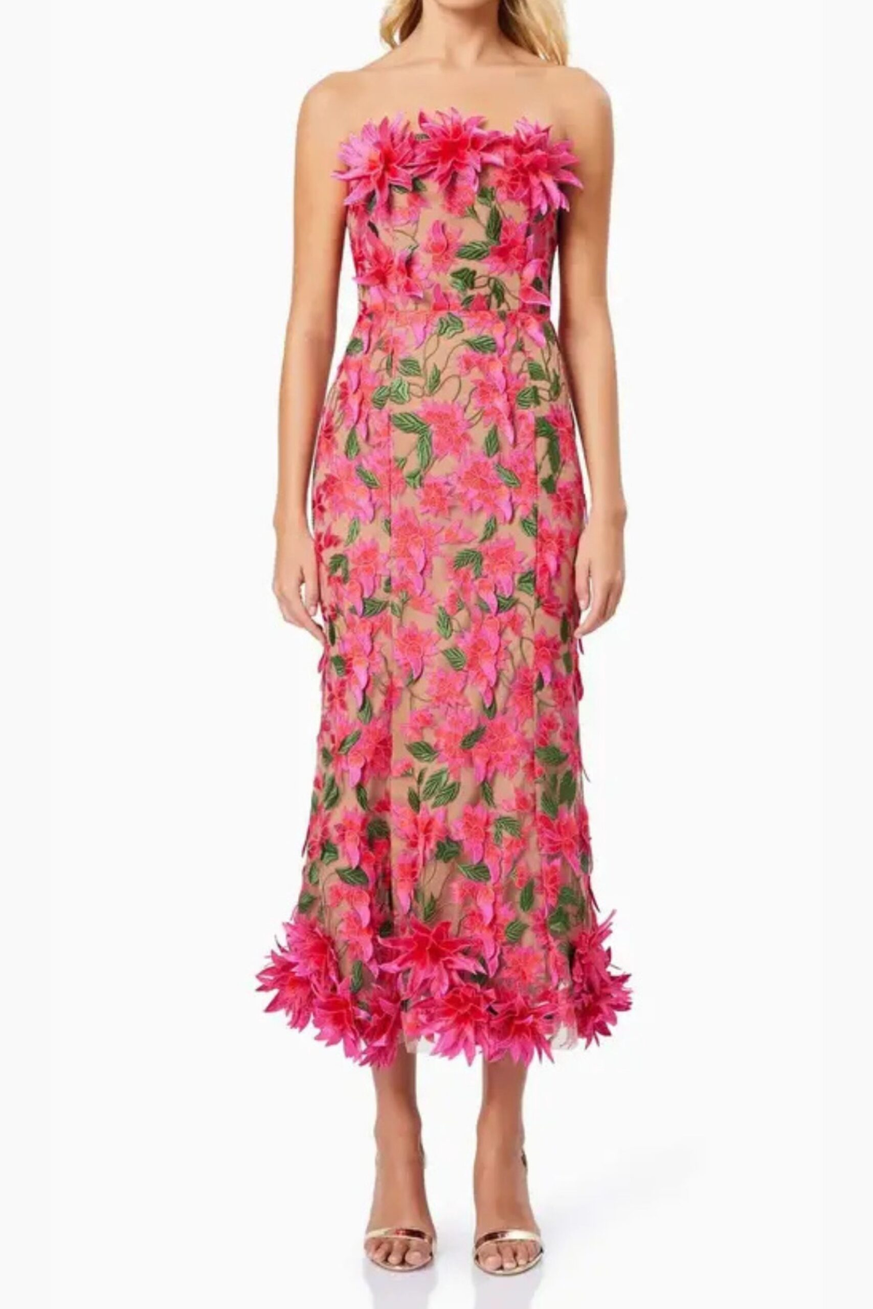 3D FLOWER EMBROIDERY STRAPLESS ROSE RED MIDI DRESS