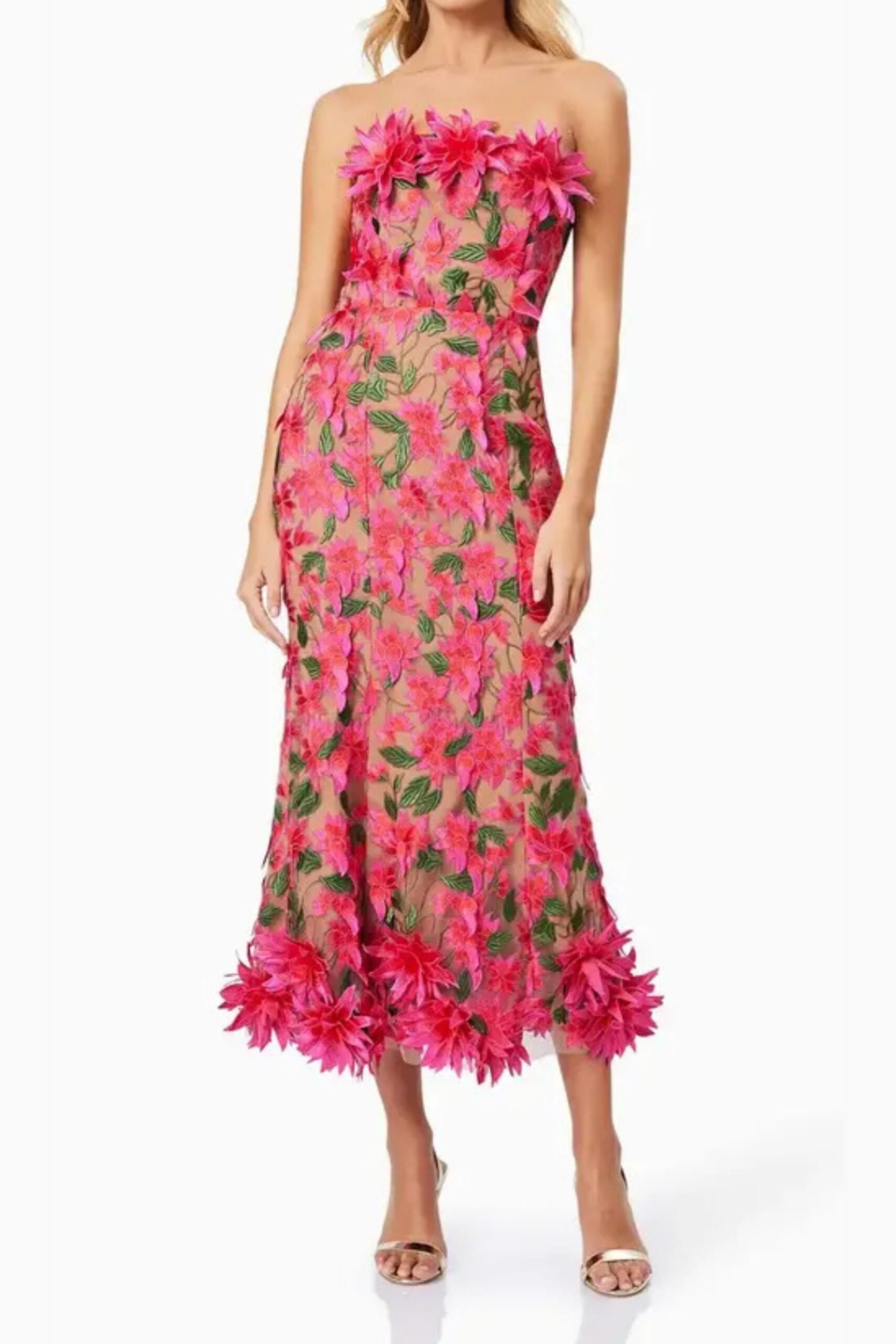 3D FLOWER EMBROIDERY STRAPLESS ROSE RED MIDI DRESS