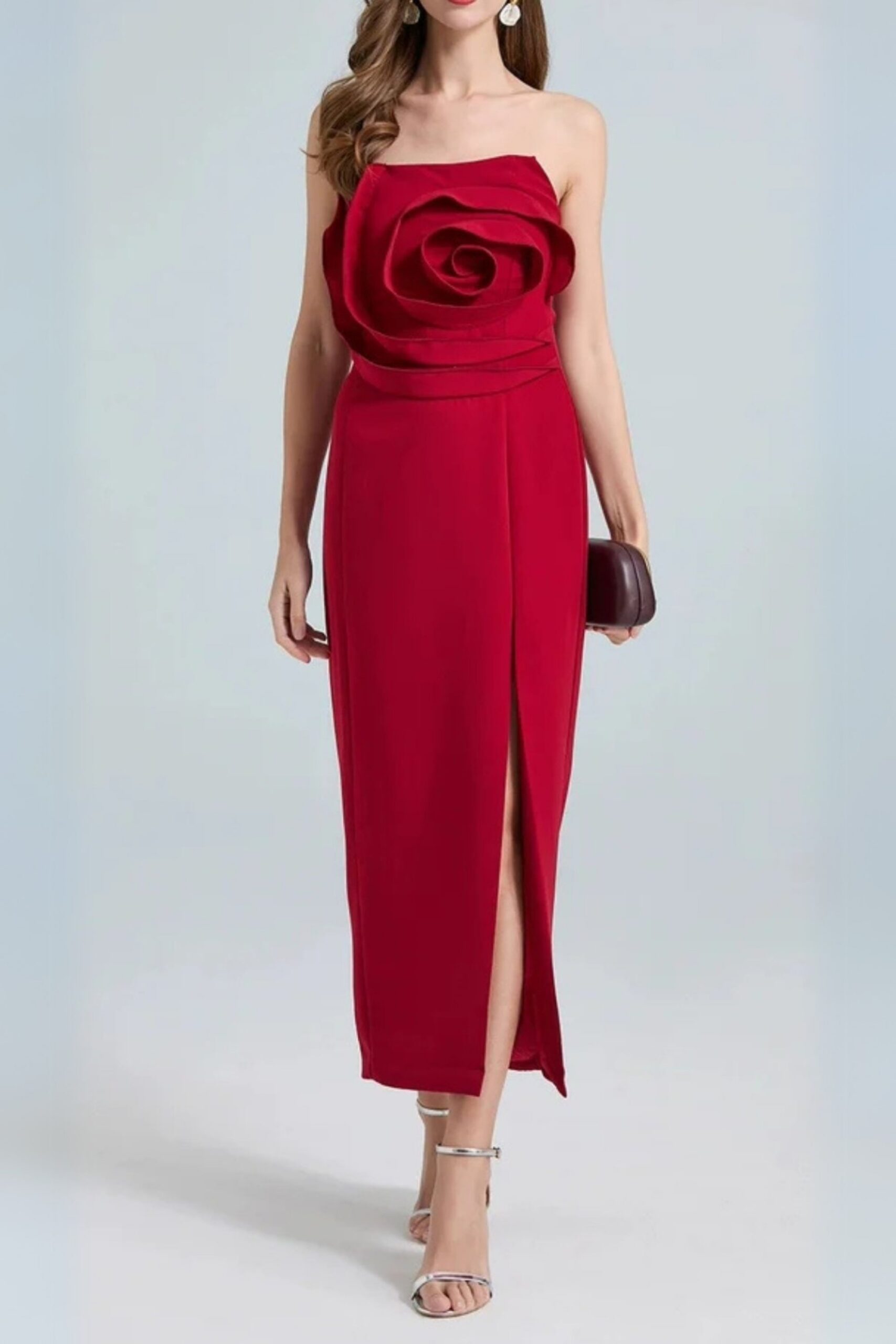486 MICHELLE 3D FLOWER STRAPLESS RED MIDI DRESS