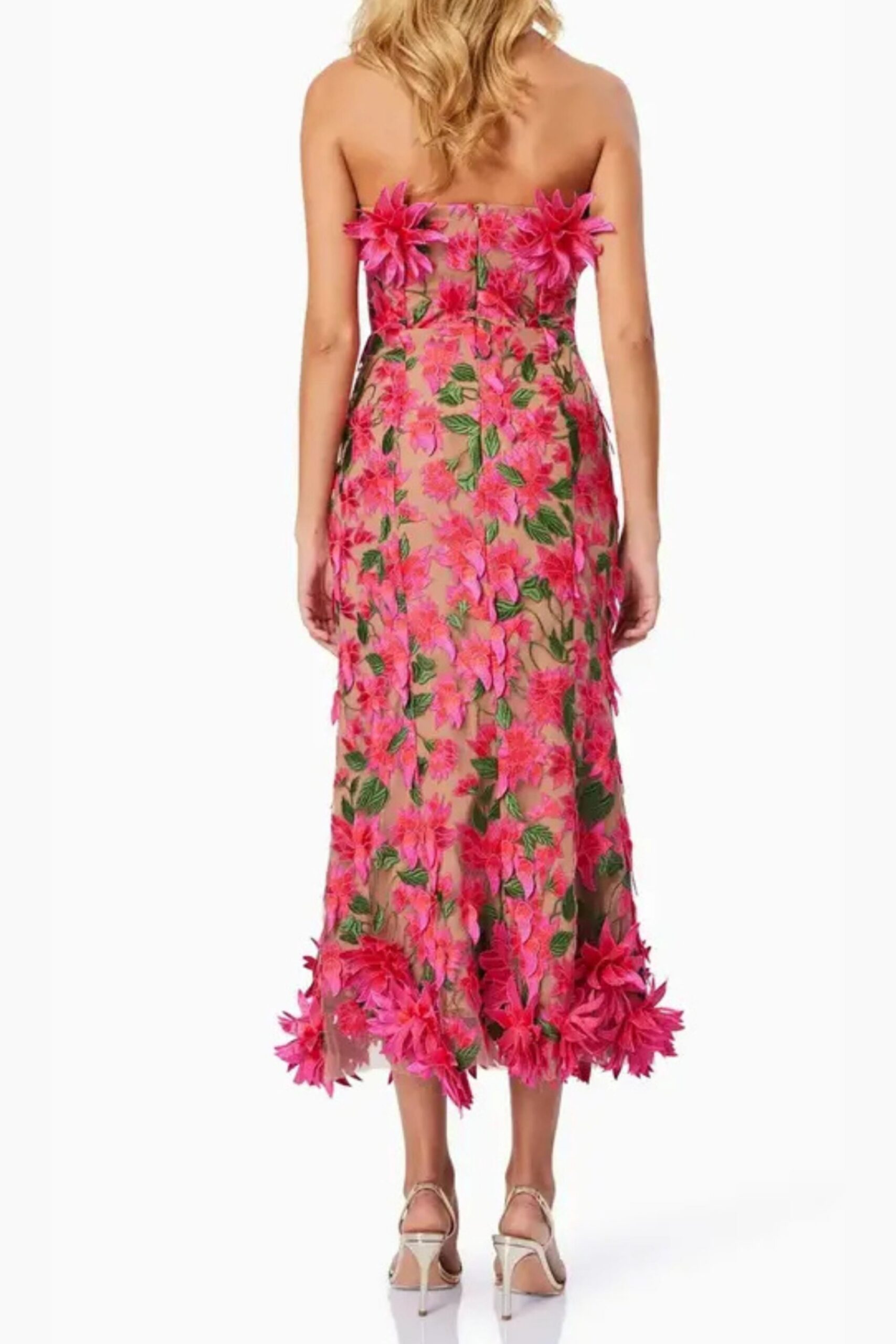 3D FLOWER EMBROIDERY STRAPLESS ROSE RED MIDI DRESS