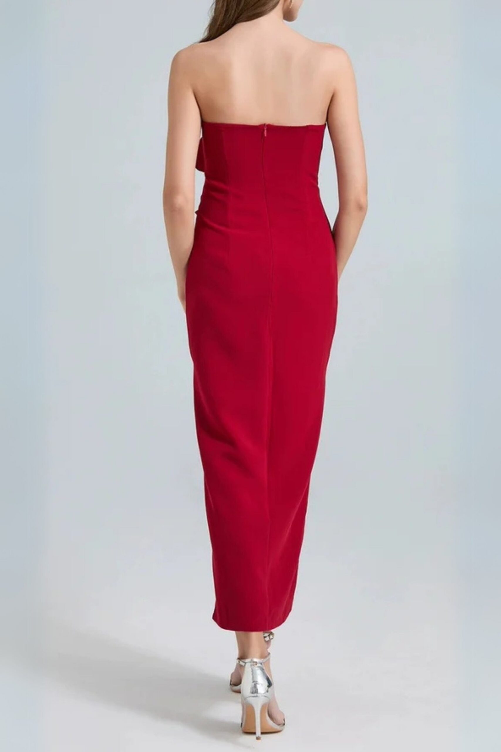 MICHELLE 3D FLOWER STRAPLESS RED MIDI DRESS