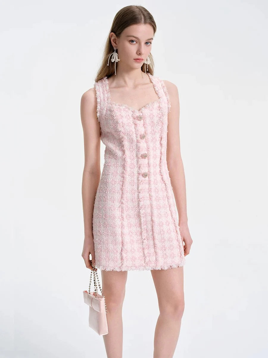 OPHELIA PINK SQUARE NECK TWEED MINI DRESS