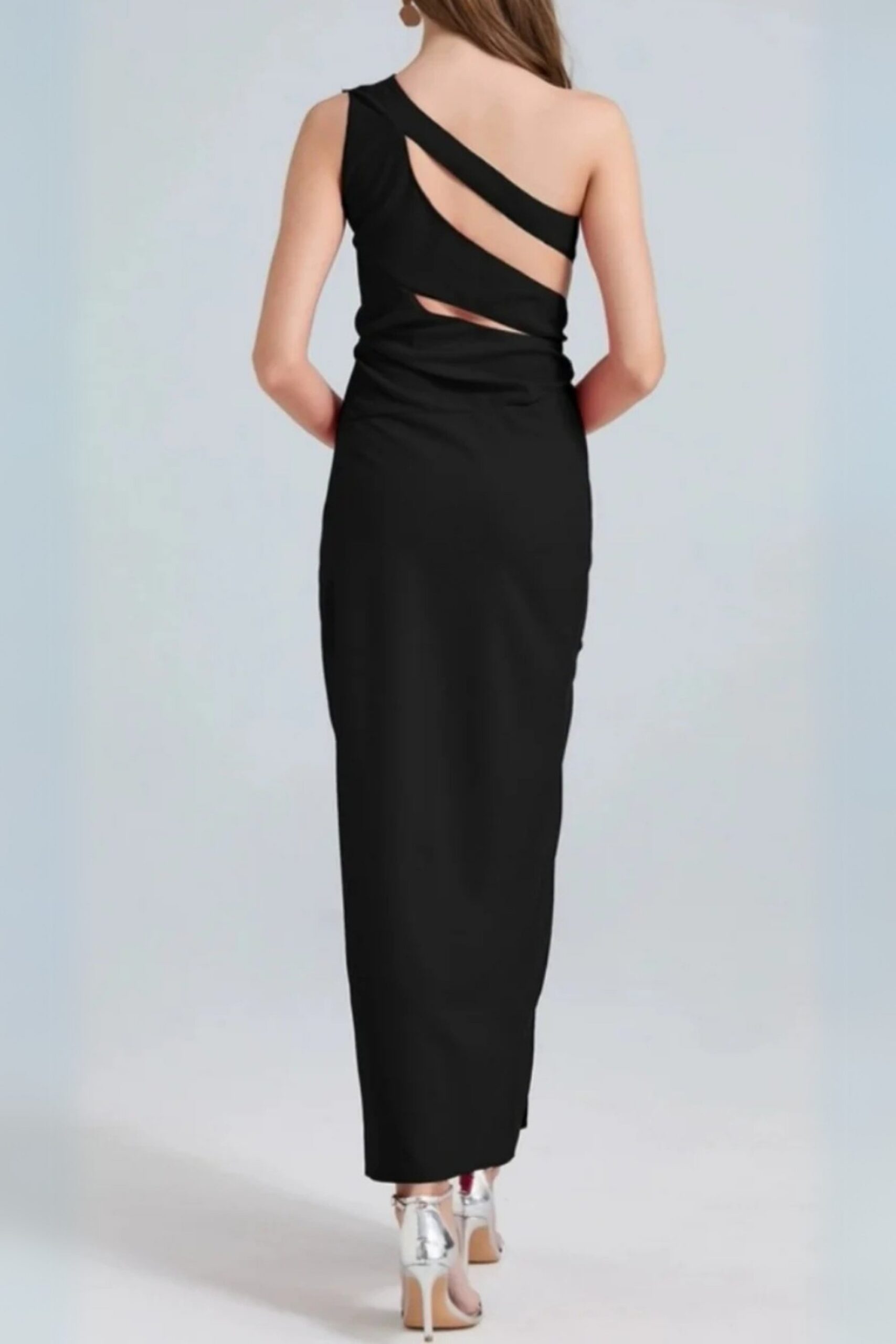 ONE-SHOULDER SIDE SLIT MAXI DRESS, BLACK