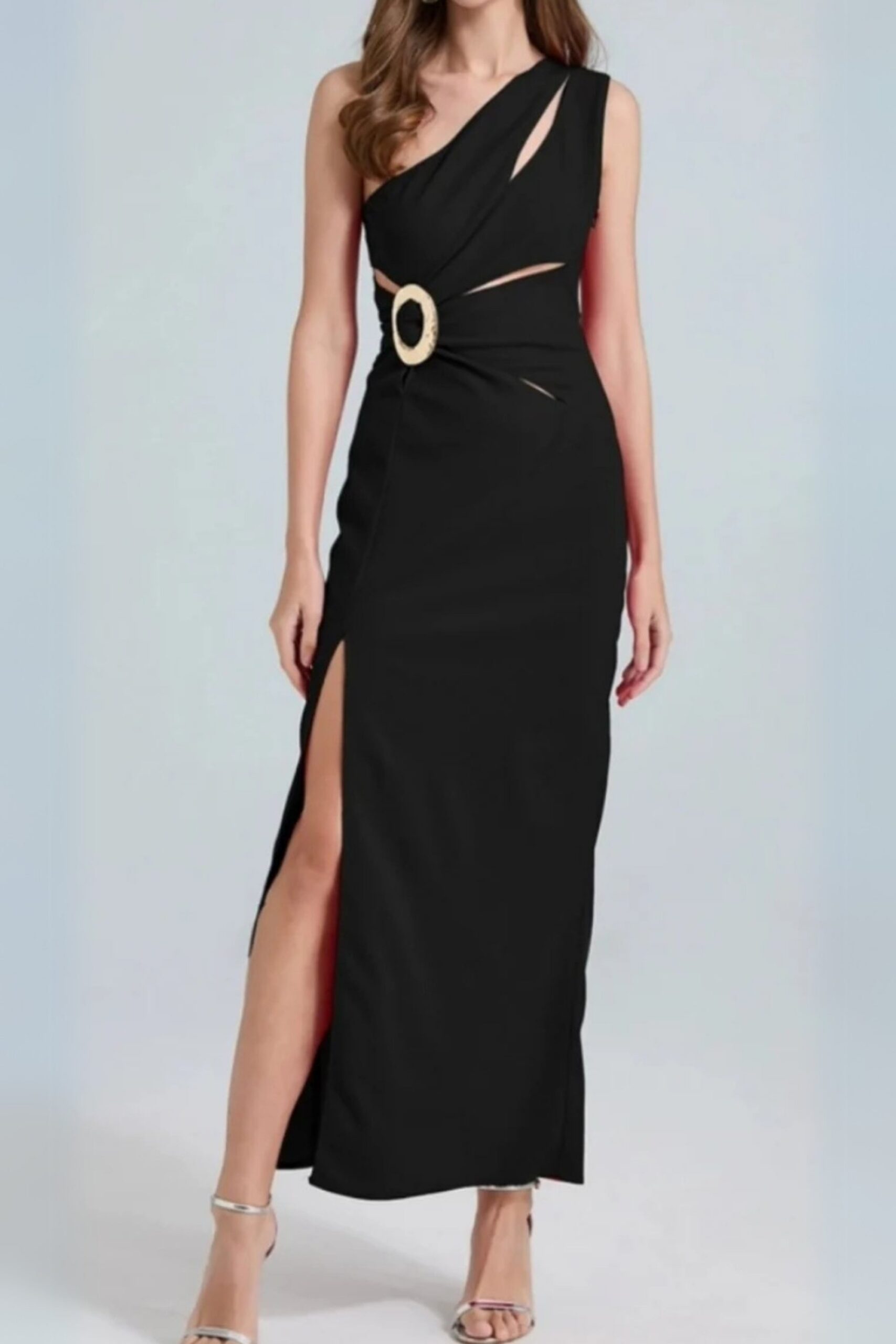 489 ONE-SHOULDER SIDE SLIT MAXI DRESS, BLACK