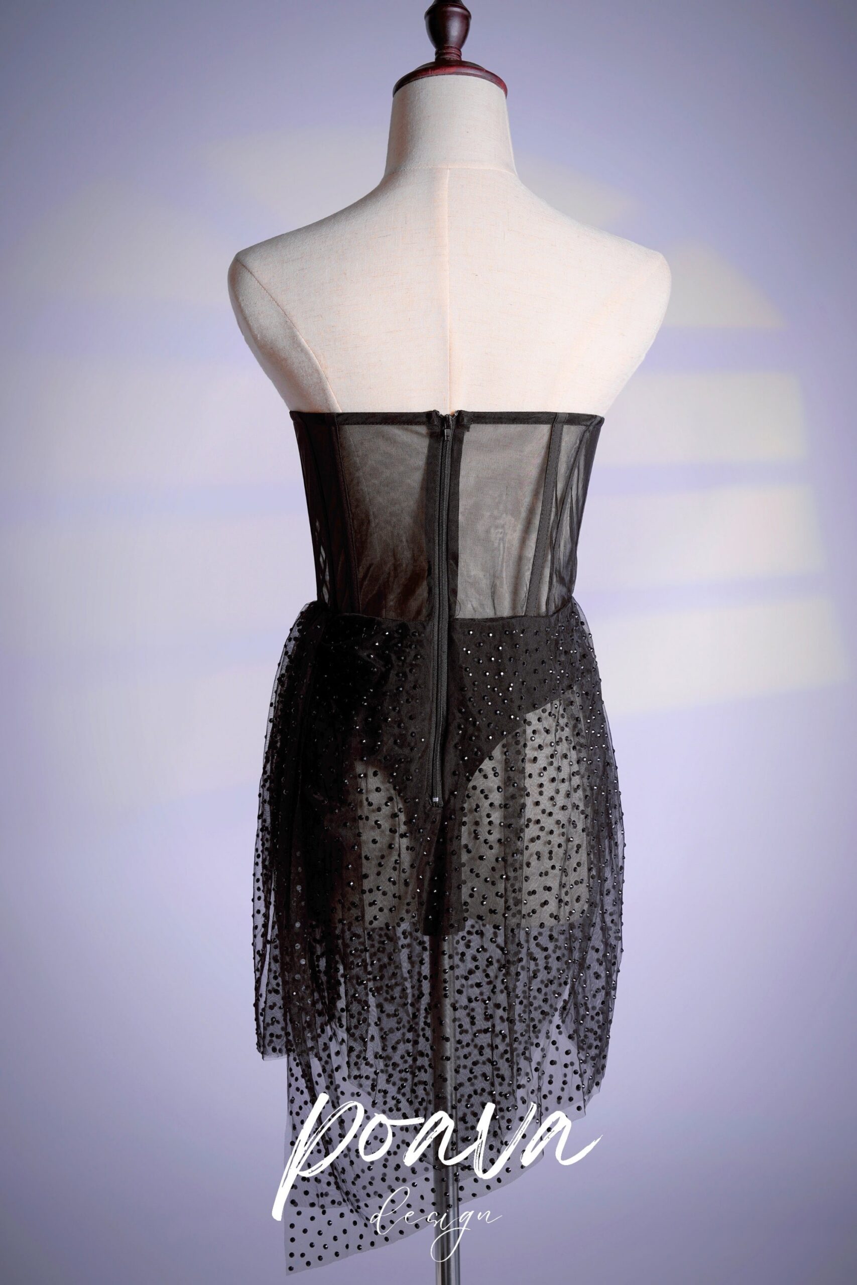STRAPLESS BLACK EMBELLISHED COCKTAIL DRESS