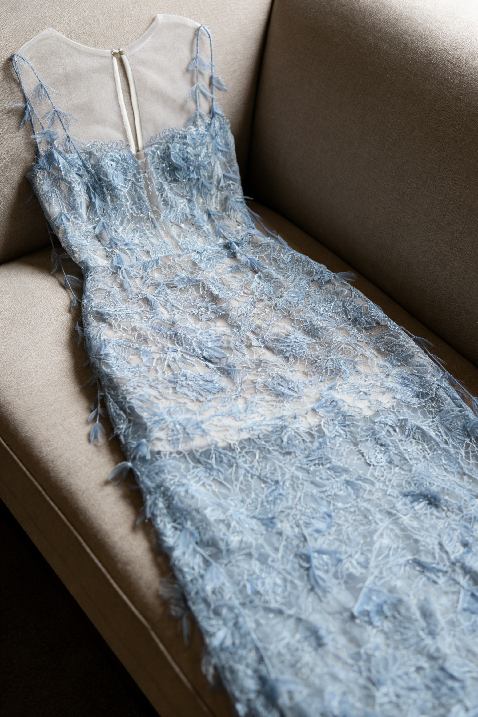 BLUE BEADED LACE PENCIL COCKTAIL DRESS