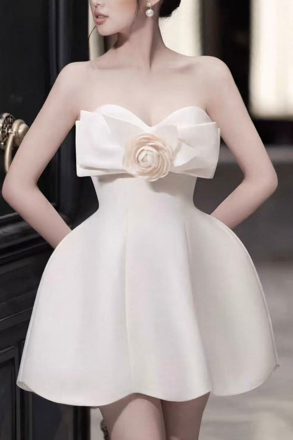 CREAM STRAPLESS MINI DRESS, 3D FLORAL BOW, SCALLOPED HEM