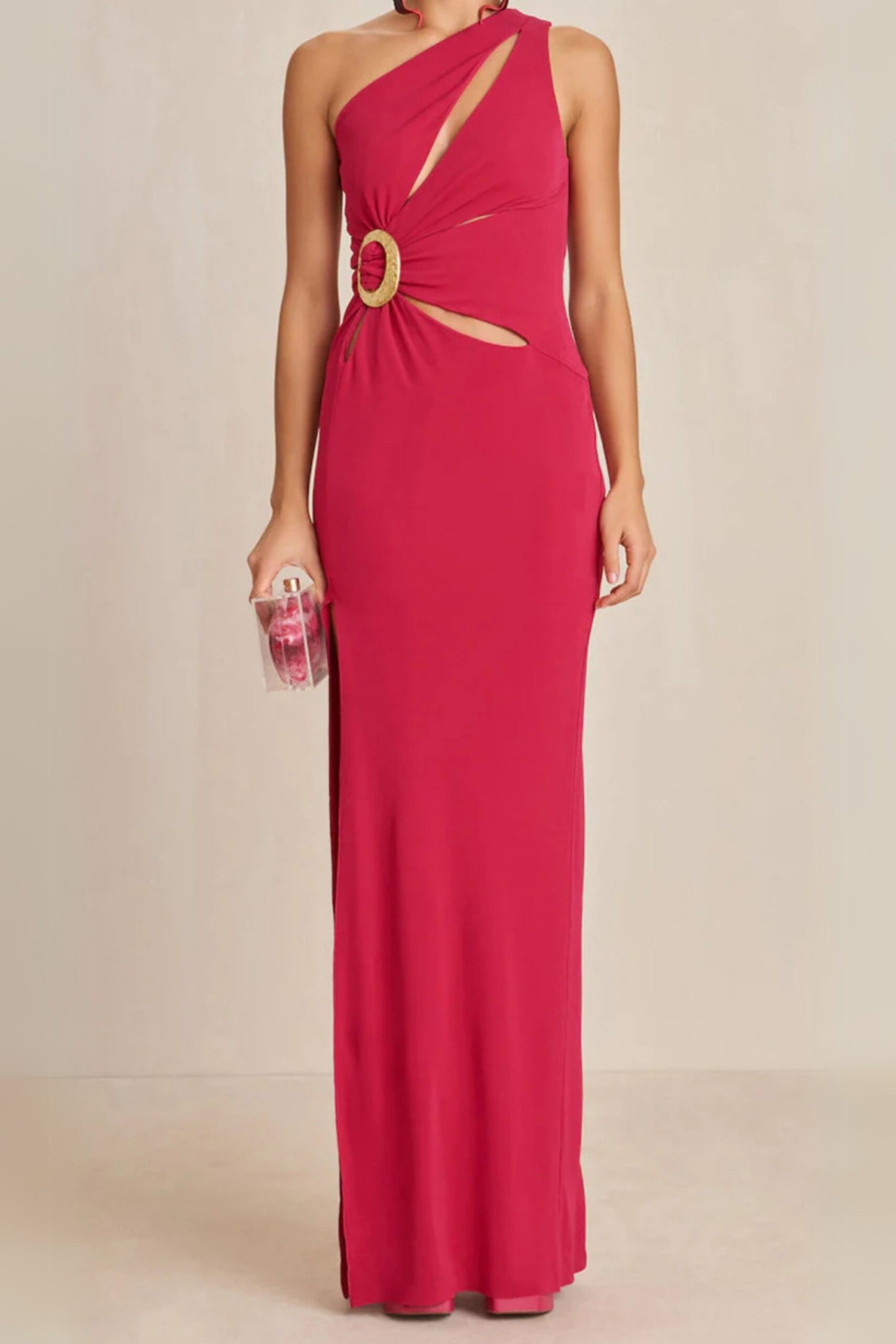 490 ONE-SHOULDER CUTOUT SIDE SLIT MAGENTA MAXI DRESS