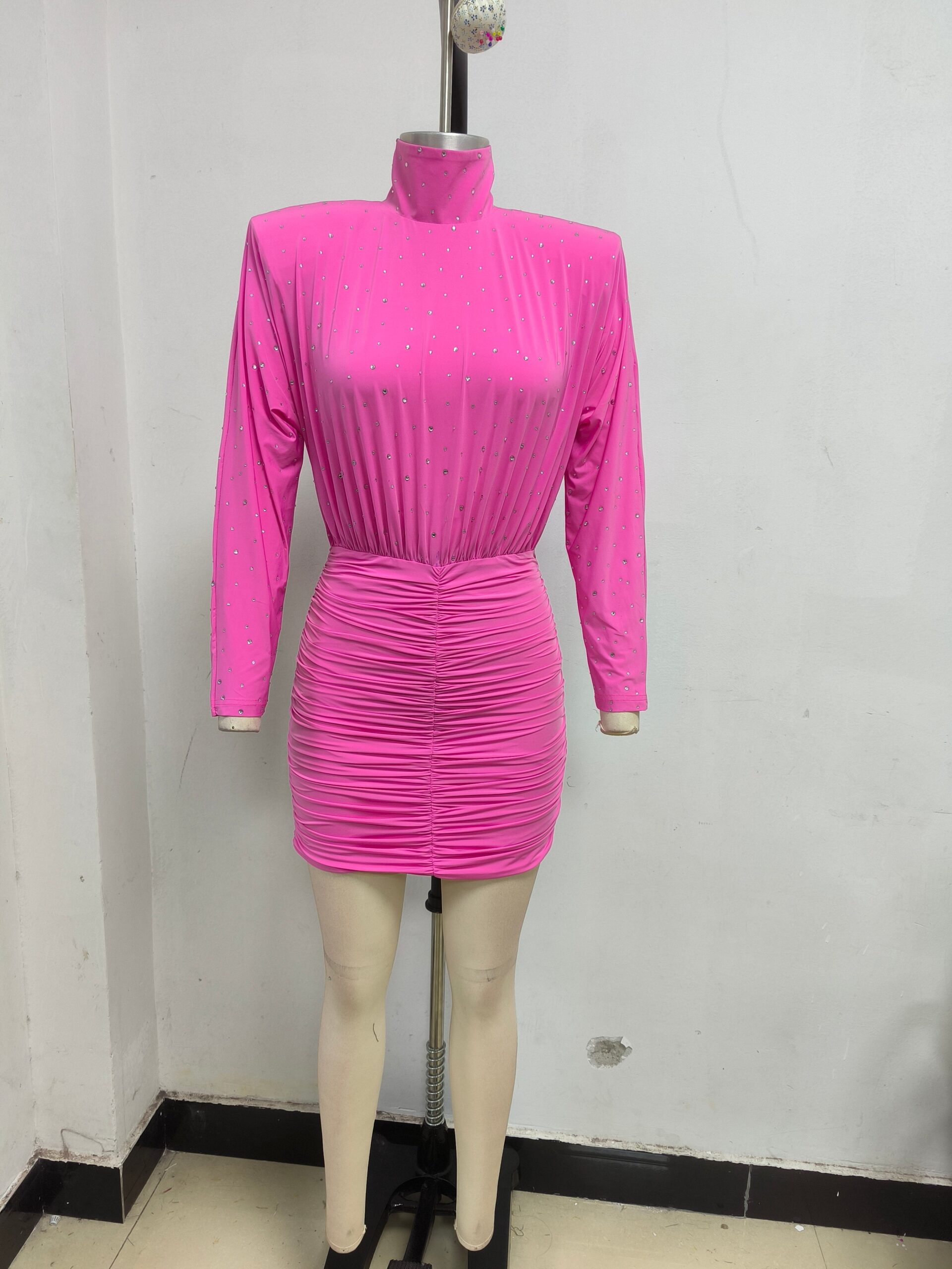 CRYSTAL RUCHED BODYCON MINI DRESS IN PINK