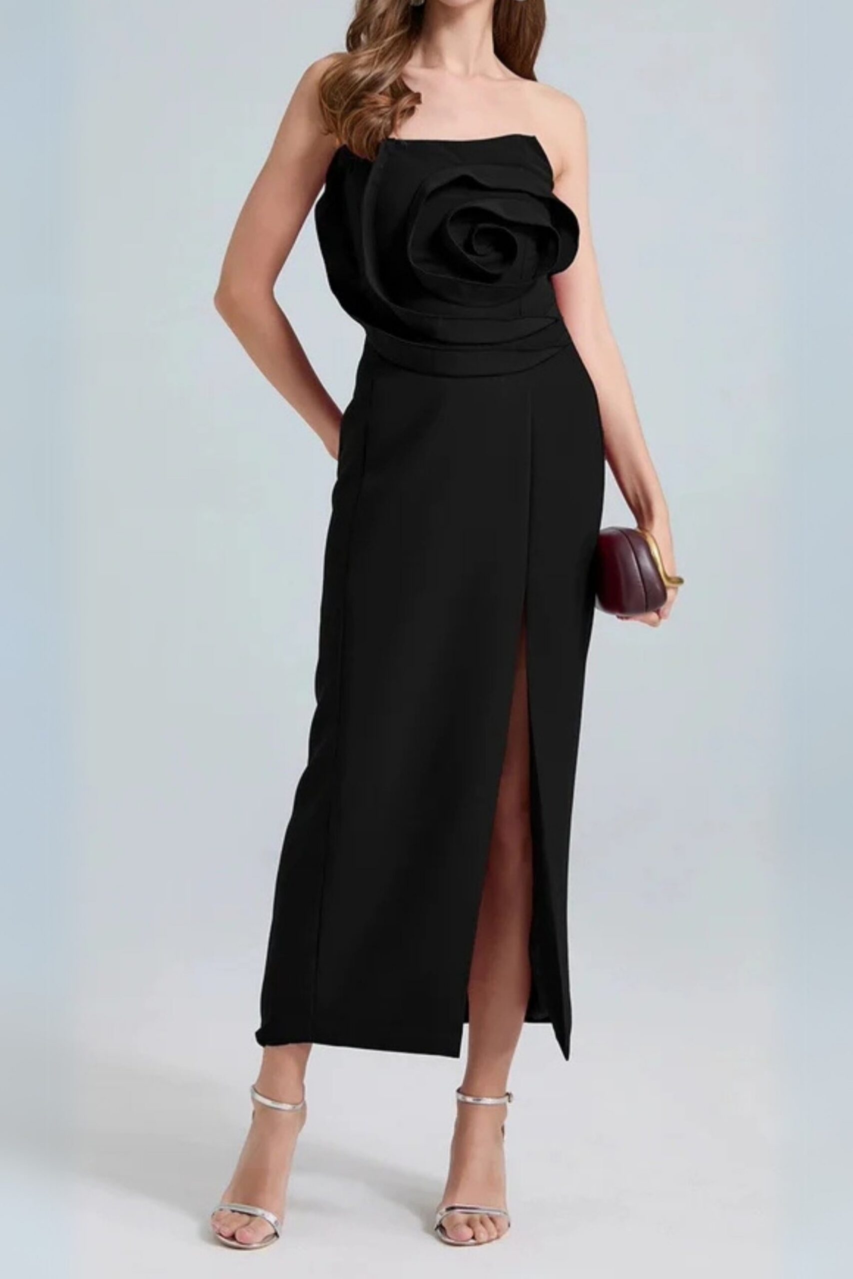 492 MICHELLE 3D FLOWER STRAPLESS MIDI DRESS BLACK
