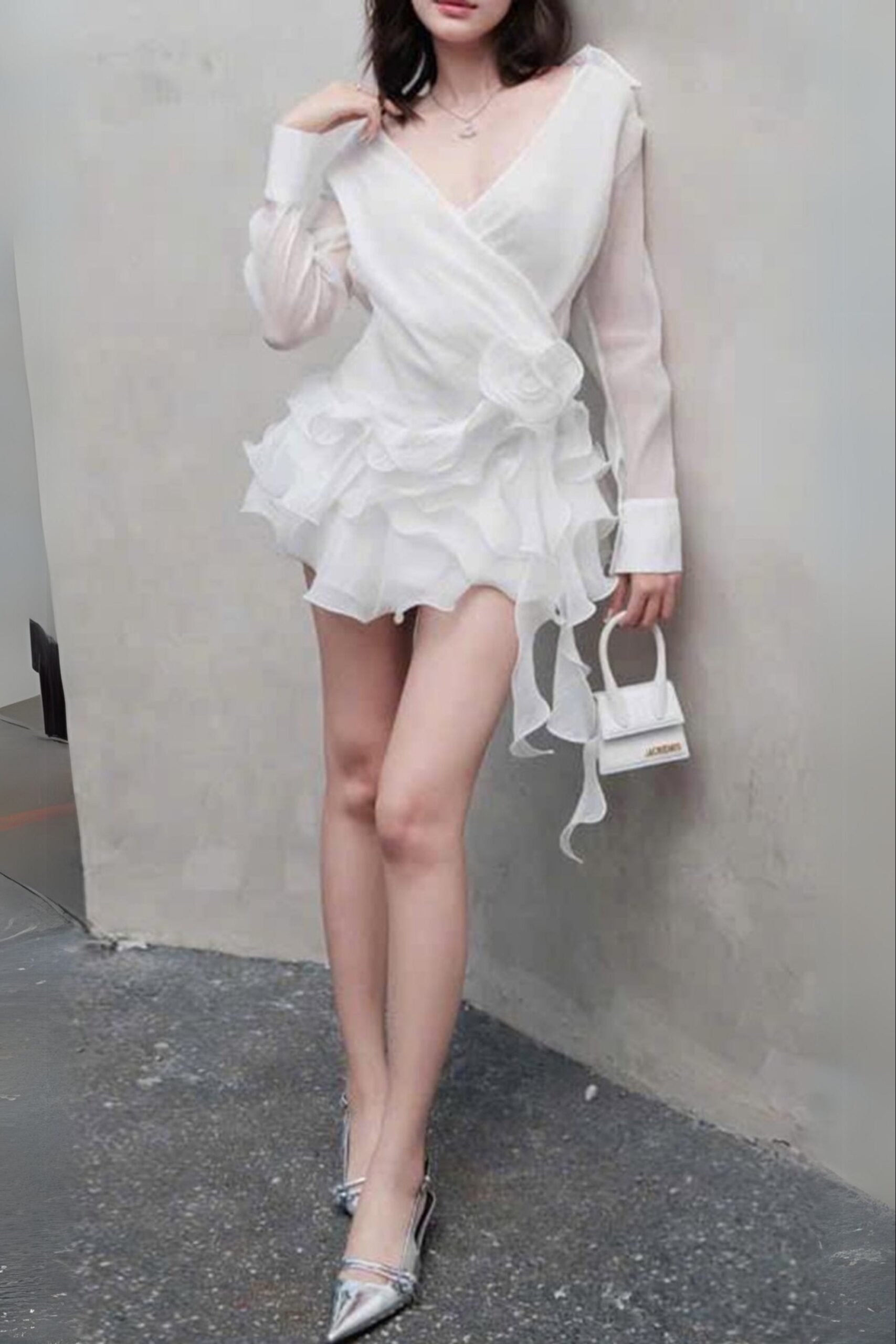 FLOWER RUFFLE RIBBON WHITE MINI DRESS