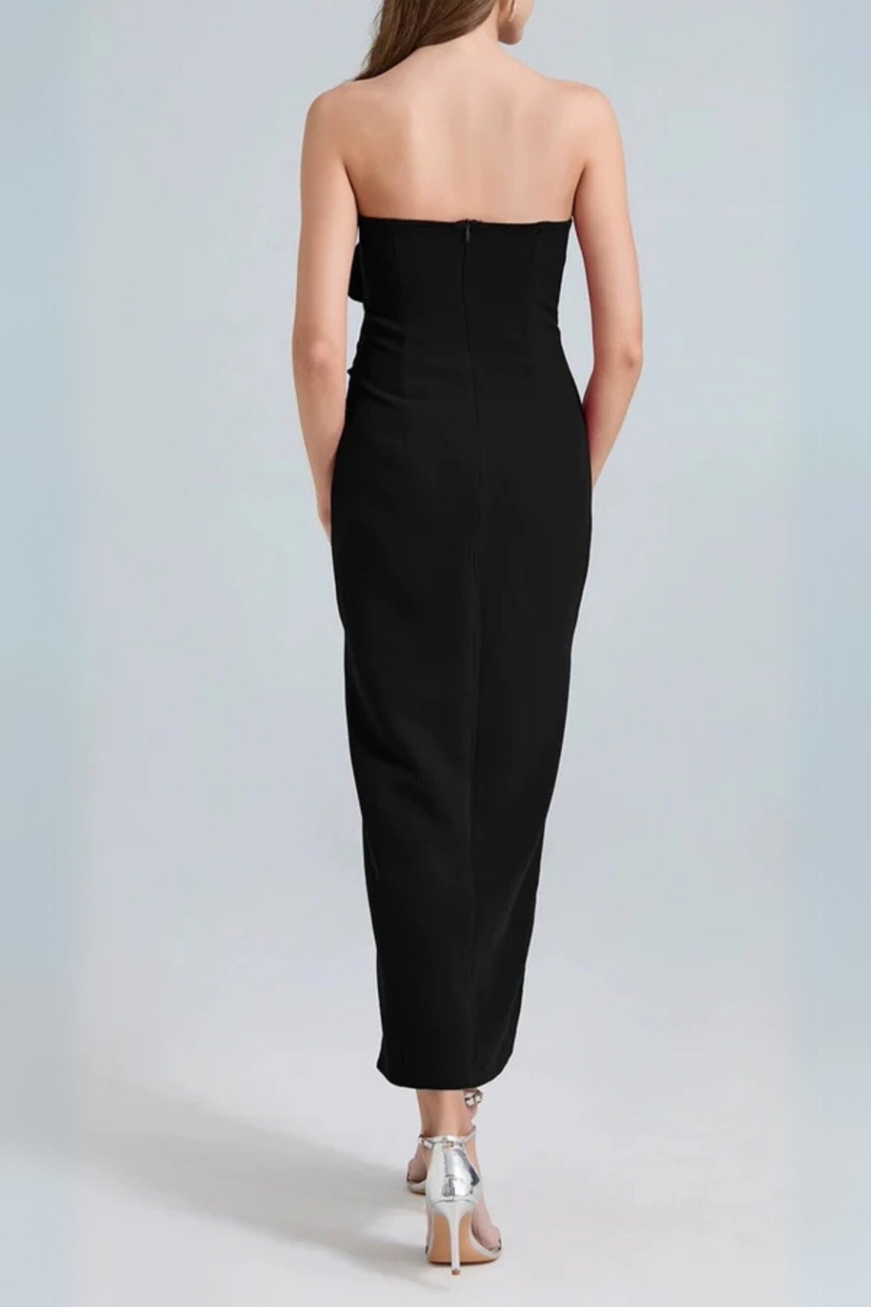 MICHELLE 3D FLOWER STRAPLESS MIDI DRESS BLACK