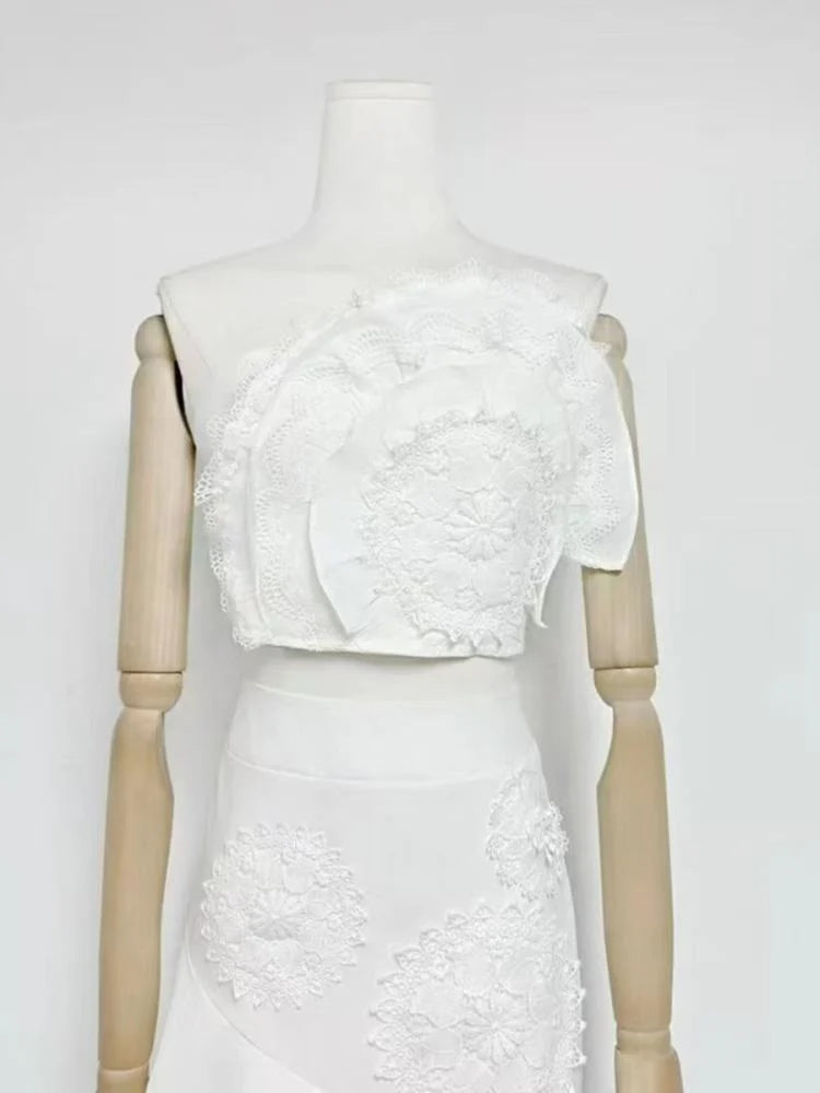 FLORAL EMBROIDERED RUFFLED STRAPLESS MERMAID SKIRT SET - WHITE