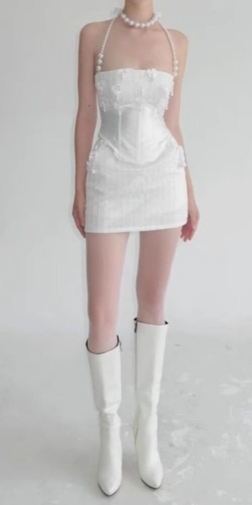 pearl fishbone wrap top skirt set in white pearl fishbone wrap top skirt set in white