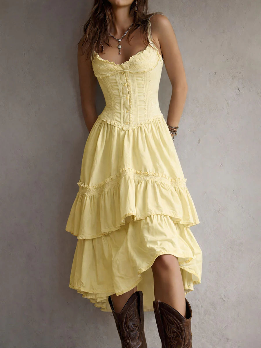 CORSET LACE TIERED MIDI DRESS, ROMANTIC PARTY