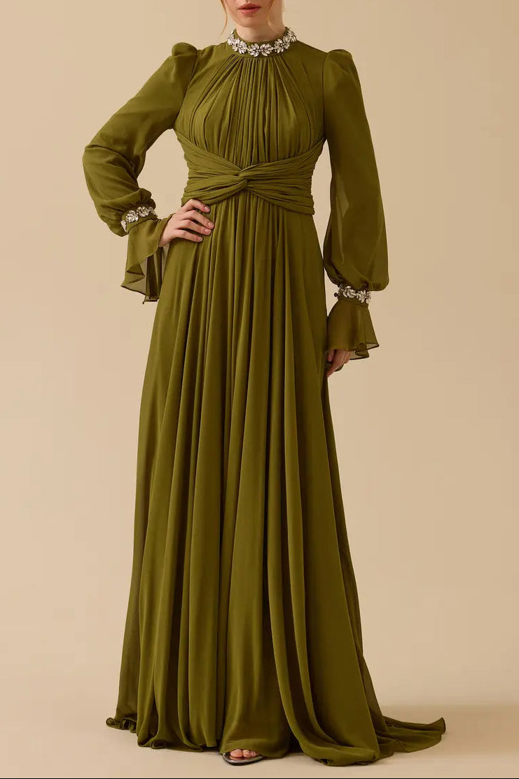 ALYSSA PUFF SLEEVE PLEATED SILK MAXI DRESS IN GREEN