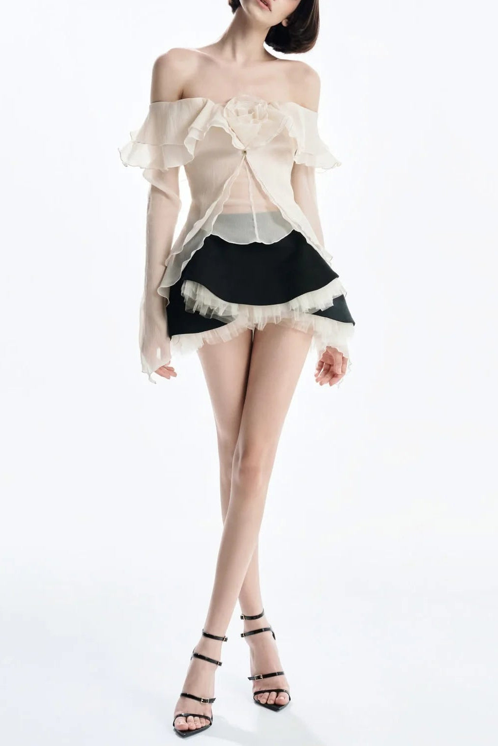 APRICOT ONE-SHOULDER BACKLESS RUFFLED SKIRT SET