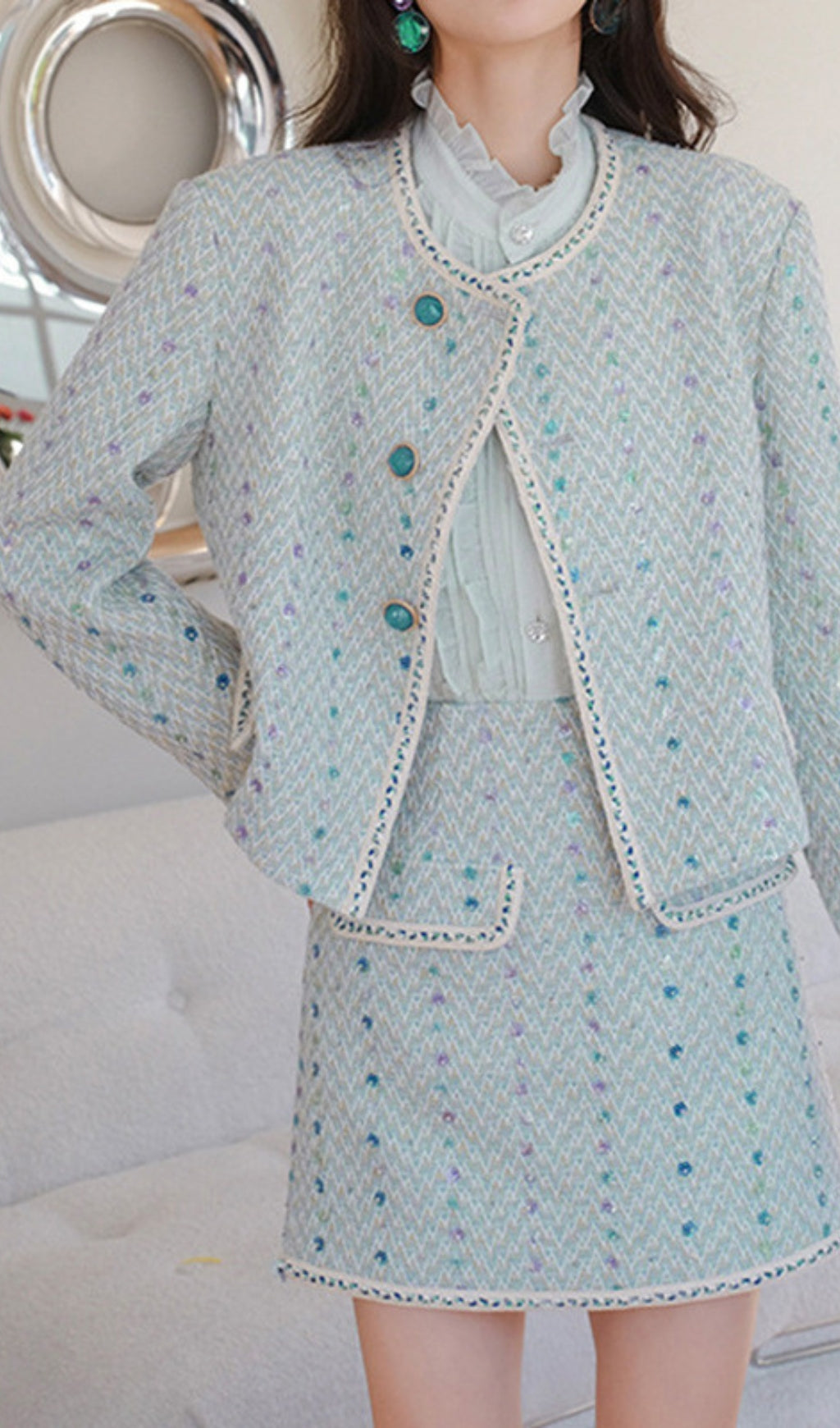 HEAVY SEQUIN EMBROIDERED FRAGRANT JACKET SKIRT SET