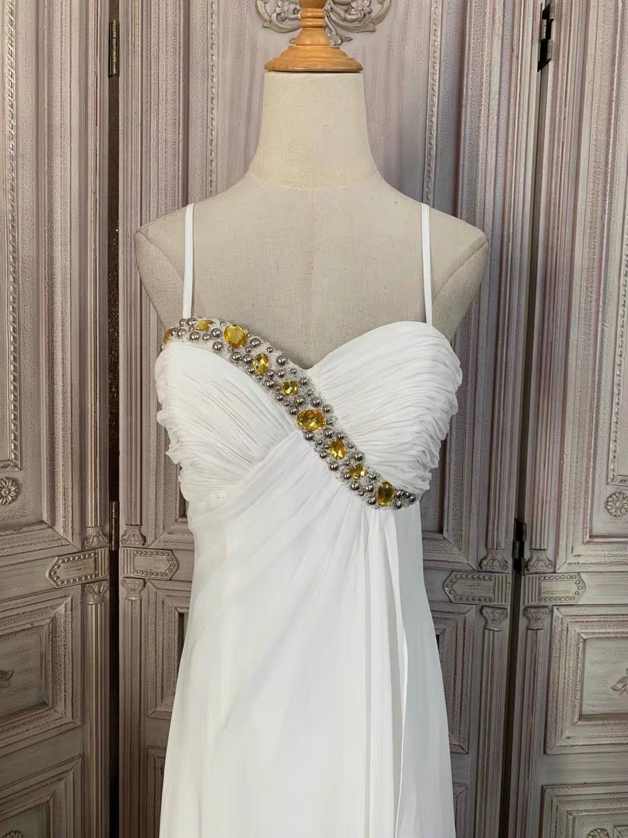 WHITE BEADED CHIFFON EMPIRE WAIST EVENING GOWN