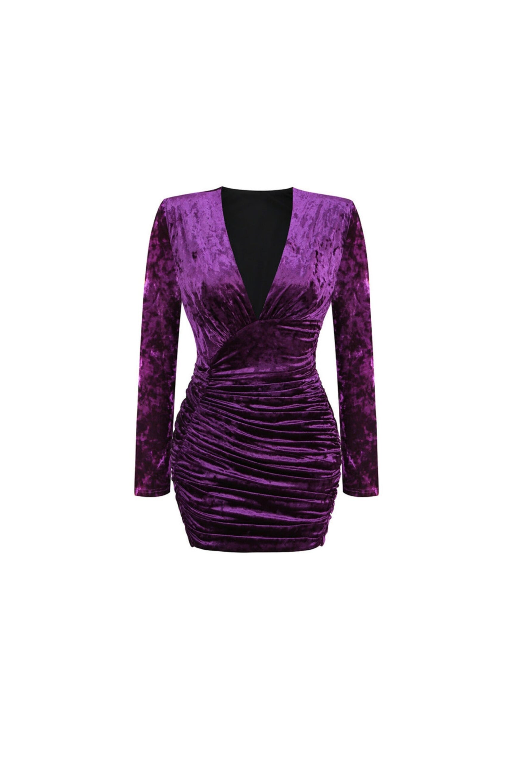 PURPLE VELVET V-NECK RUCHED MINI DRESS FOR PARTY