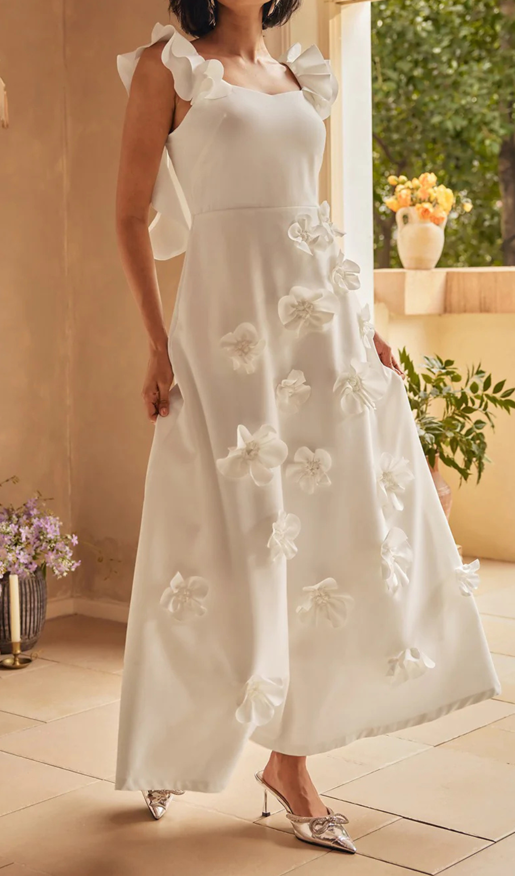 FLORAL RUFFLE STRAP MIDI DRESS, WHITE, GARDEN PARTY
