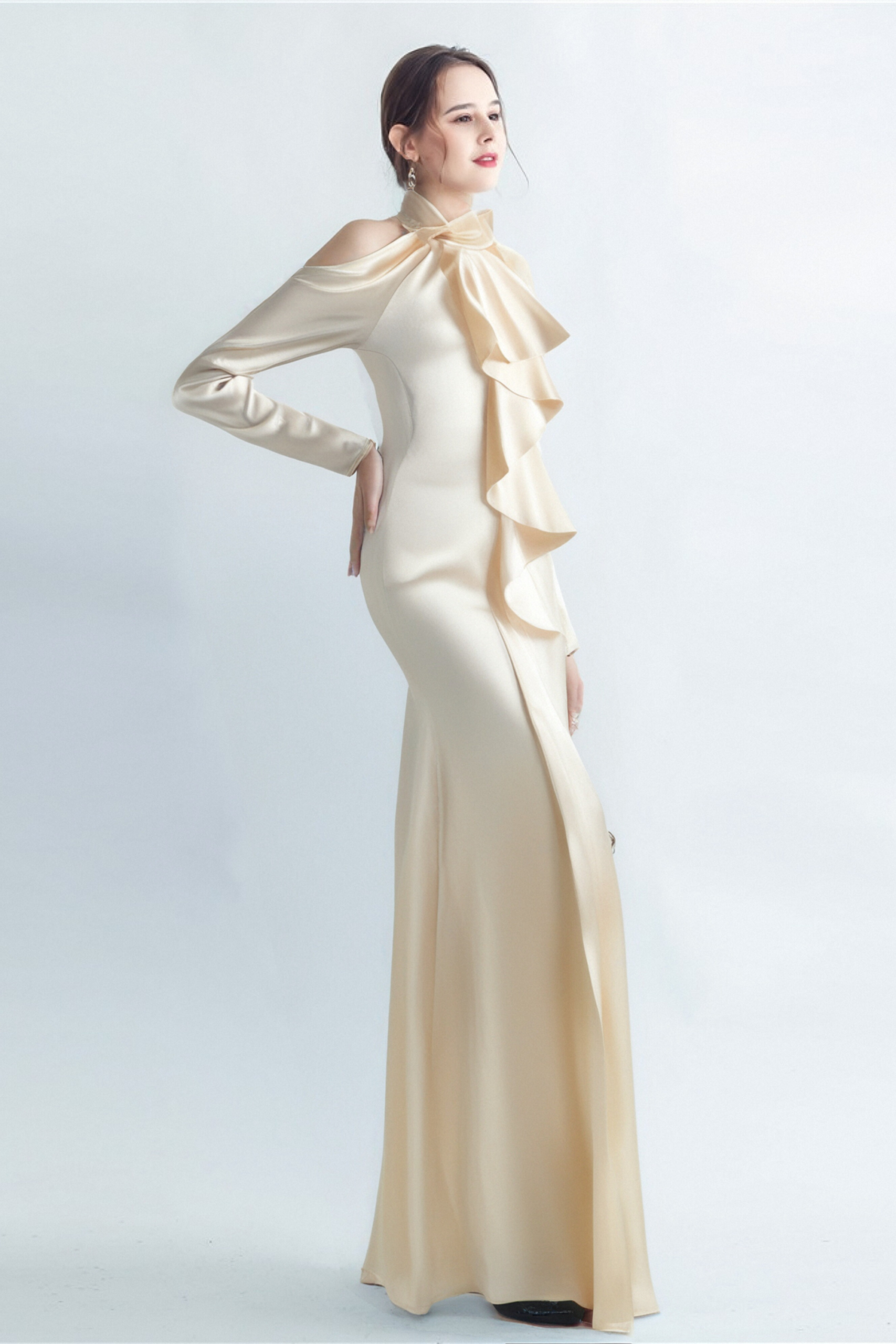 RAE CHAMPAGNE ONE-SHOULDER RUFFLE MAXI DRESS