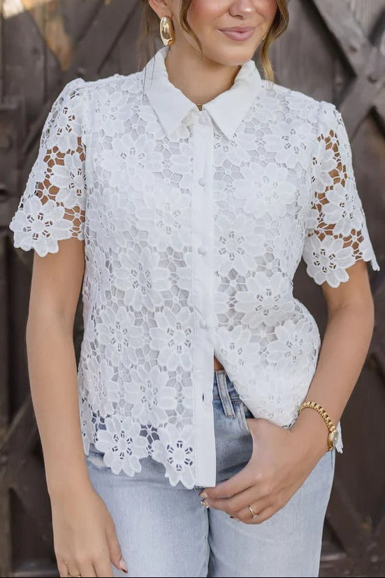 4_0565743a-e171-4e0d-ae97-86cbc95bc4df WHITE LACE CUT-OUT SHORT SLEEVE SHIRT TOP