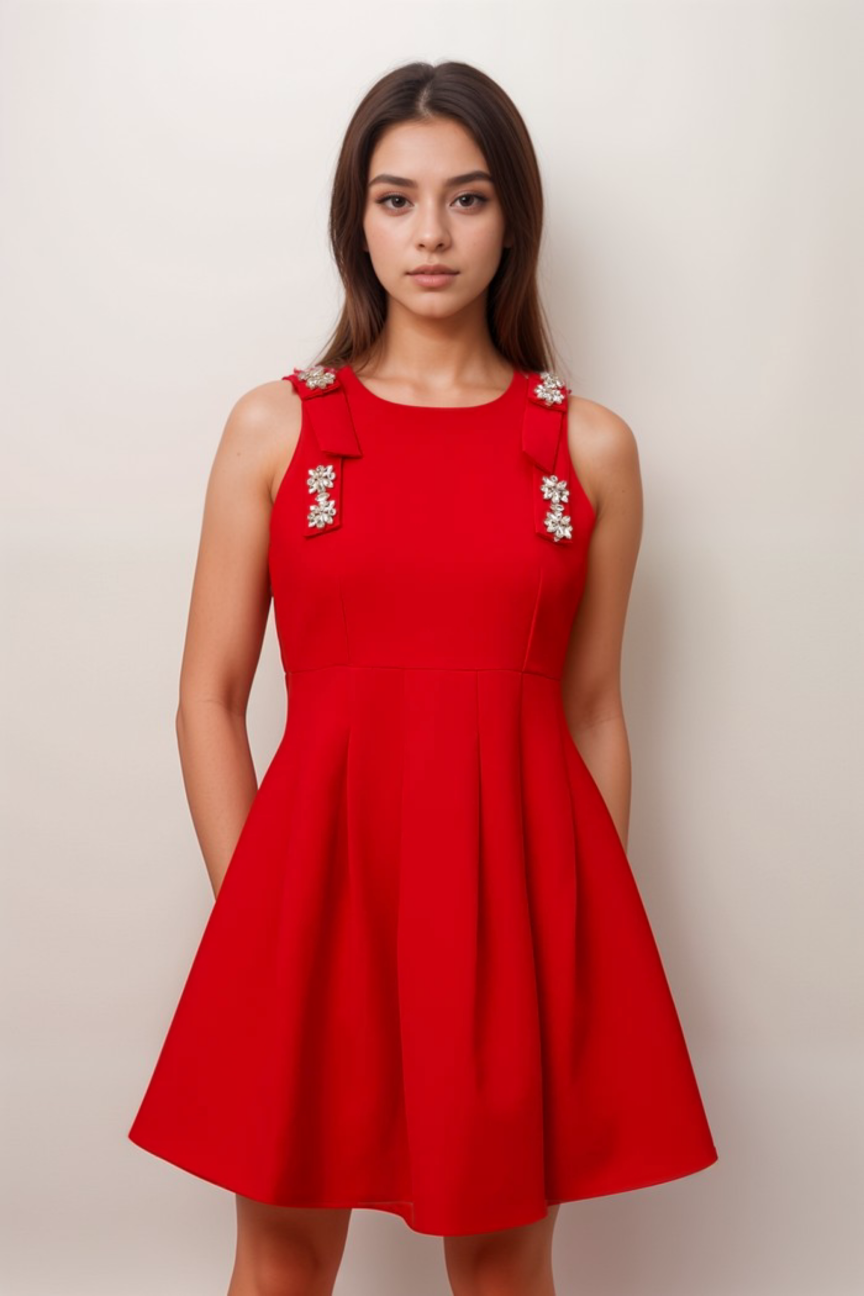 4_0c16b1b1-7651-4a2b-84ce-9a96263d7466 LOUISA RED BOW SLEEVELESS PLEATED MINI DRESS