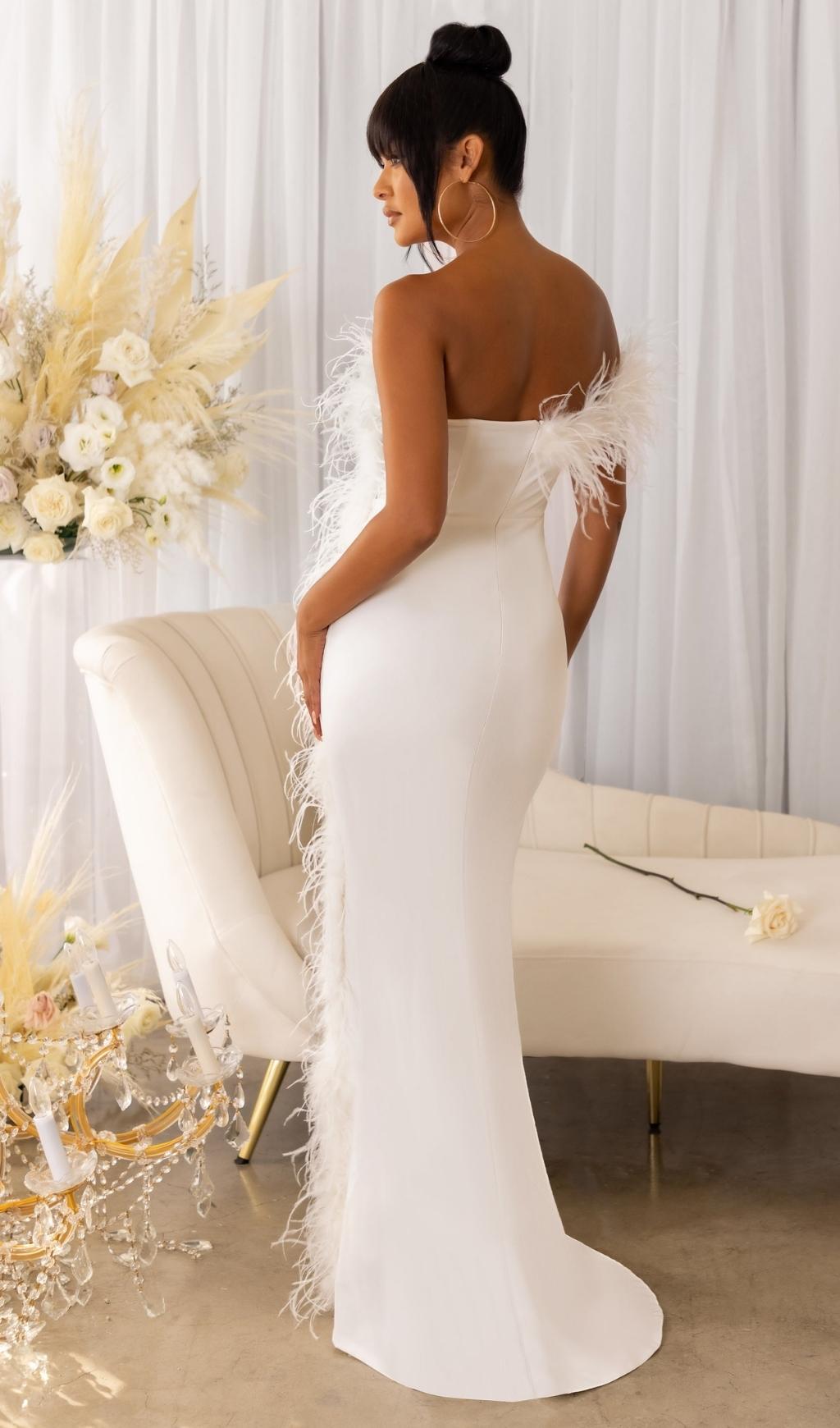 FEATHER STRAPLESS WHITE MAXI DRESS, WEDDING GUEST