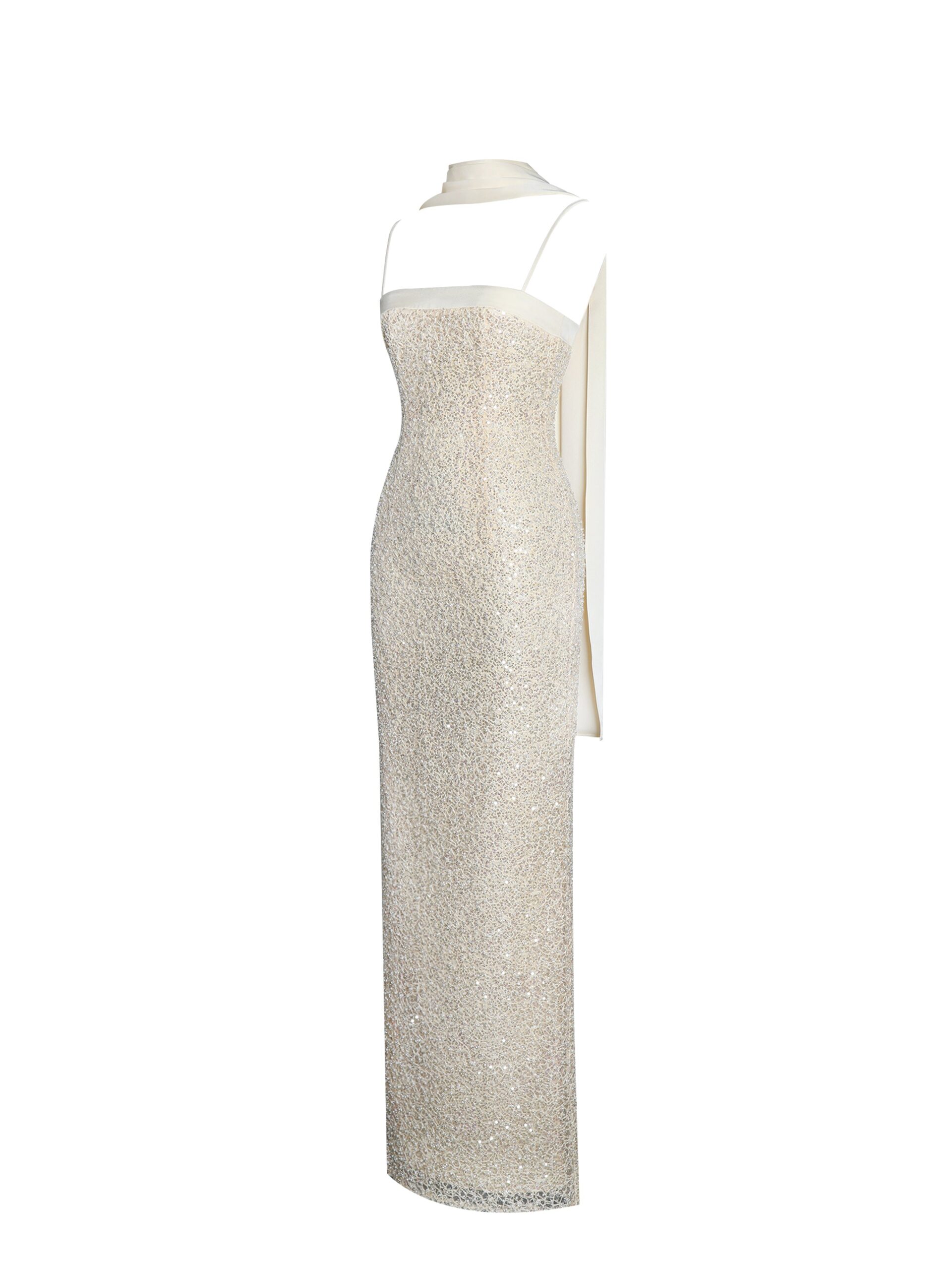 GOLD BEADED SEQUIN BODYCON GOWN WITH SCARF