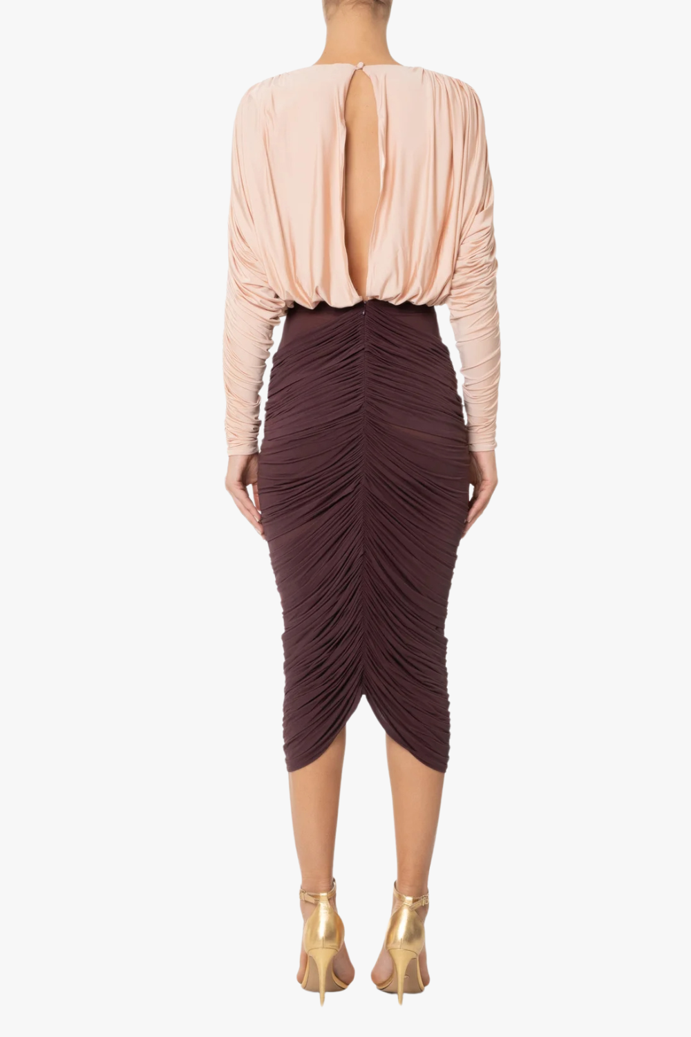 LONG SLEEVE TWO-TONE PLEATED MIDI DRESS BROWN