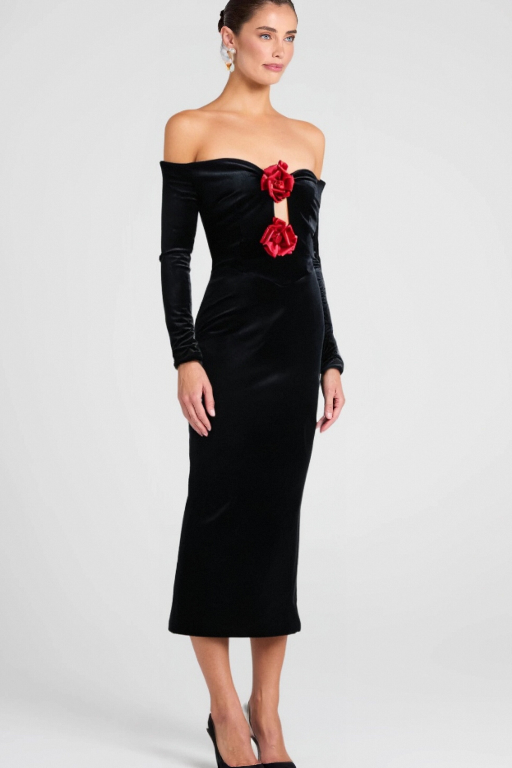 ZANNA OFF-SHOULDER VELVET FLORAL MAXI DRESS