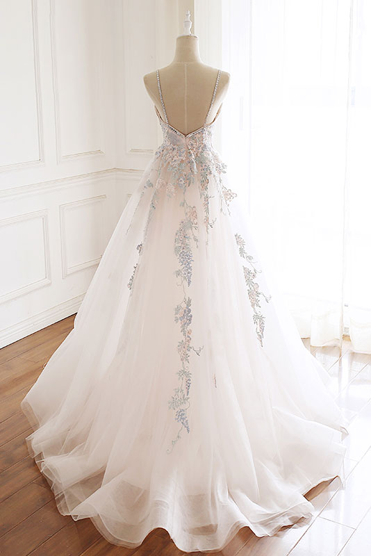 WHITE V-NECK TULLE LACE WEDDING DRESS